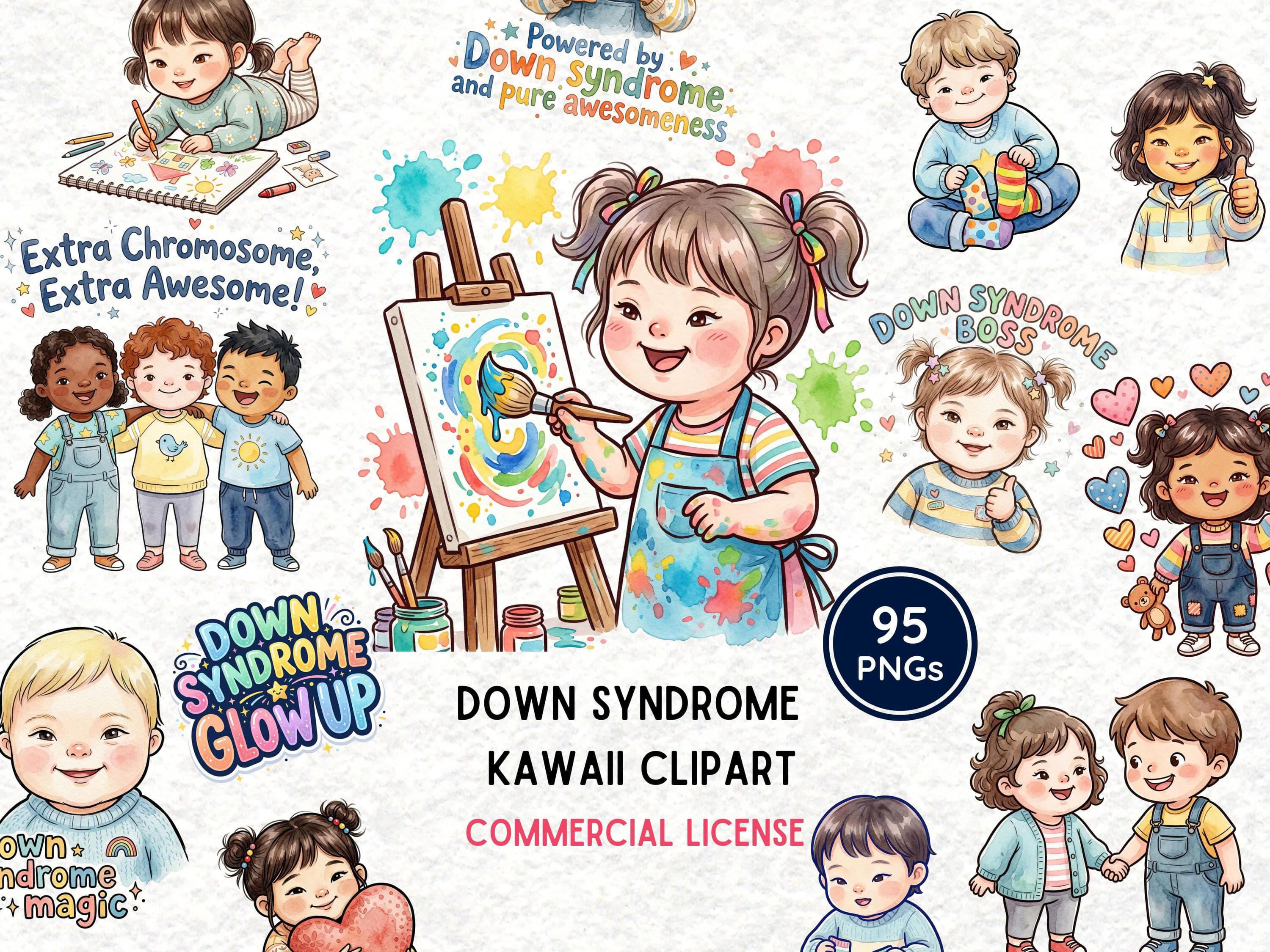 Down Syndrome Kawaii Clipart Bundle PNG, Inclusive Kids Illustration Pack, Extra Chromosome Extra Awesome, Sublimation Sticker Planner