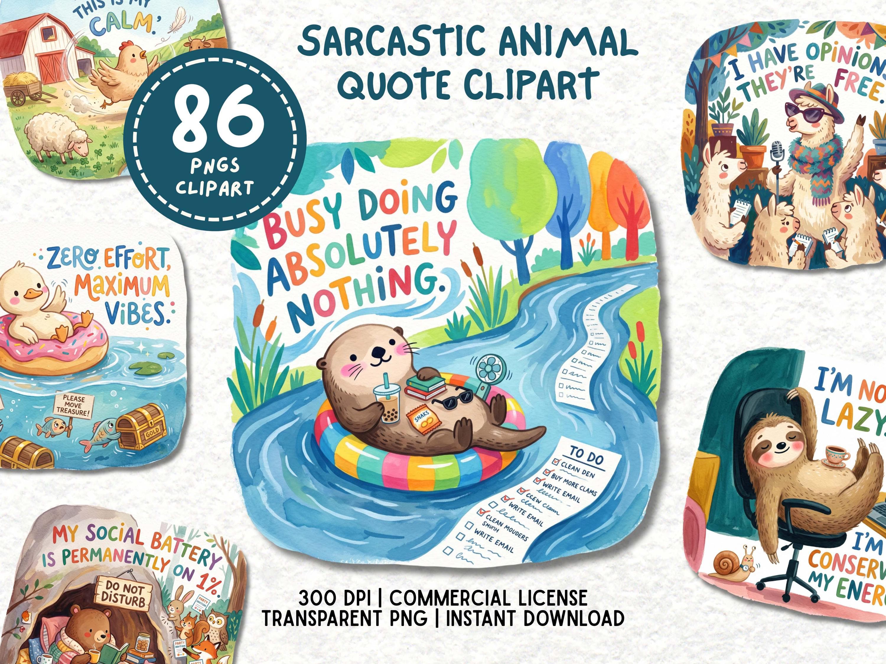 Sarcastic Animal Clipart Bundle PNG, Funny Animal Quotes, Cute Sloth Duck Llama Clip Art, Commercial Use PNG, Sublimation Design