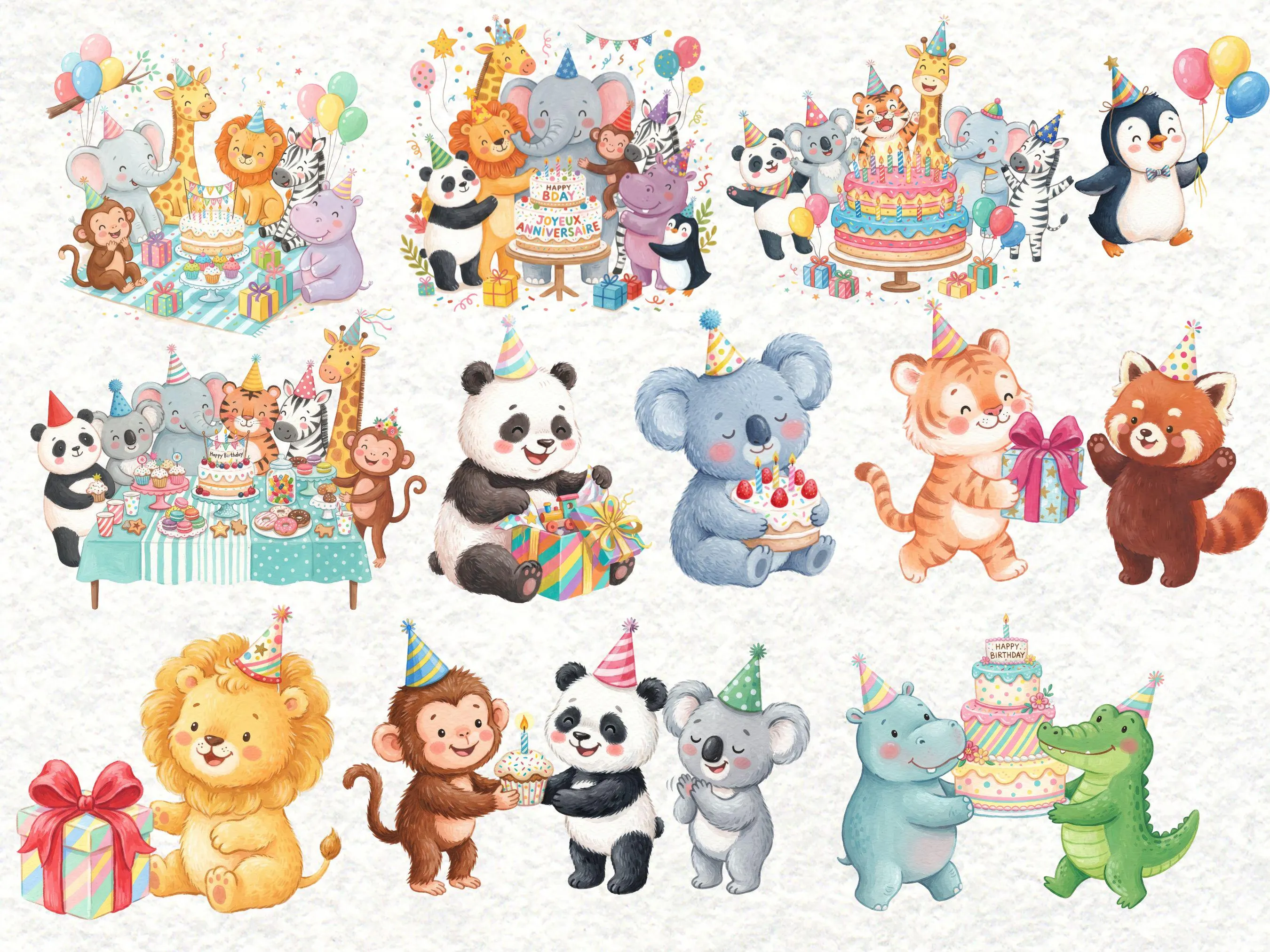 Watercolor Cute Zoo Animal Clipart, Pastel Safari Birthday PNG, Kawaii Jungle Party Graphics, Kids Animal 92 PNG Bundle, Commercial Use - image 5