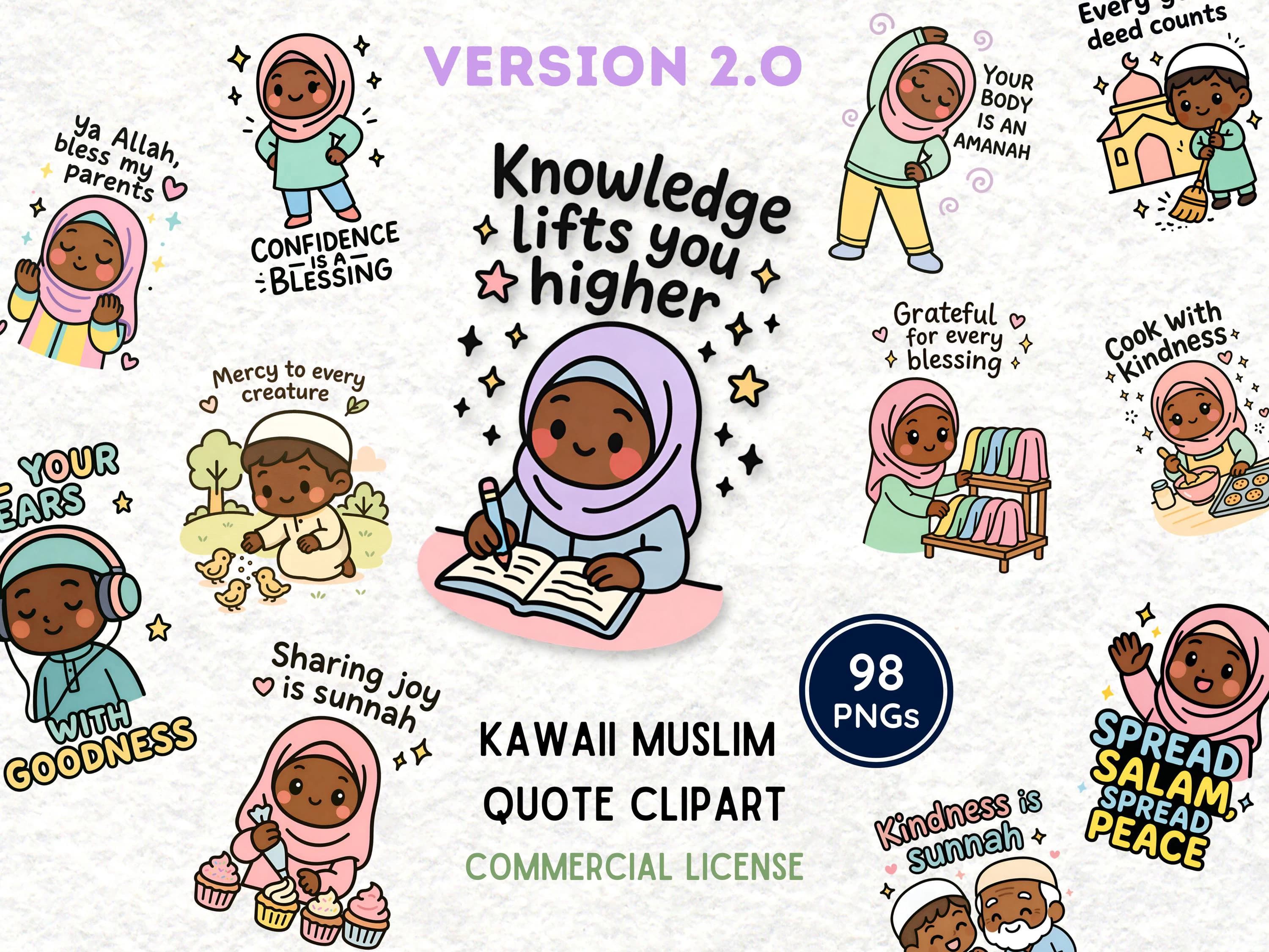 Kawaii Muslim Quote Clipart V2.0 Dark Skin | Islamic Kids Stickers PNG | Cute Hijab Girl Clipart 300 DPI | Planner & Sticker Art
