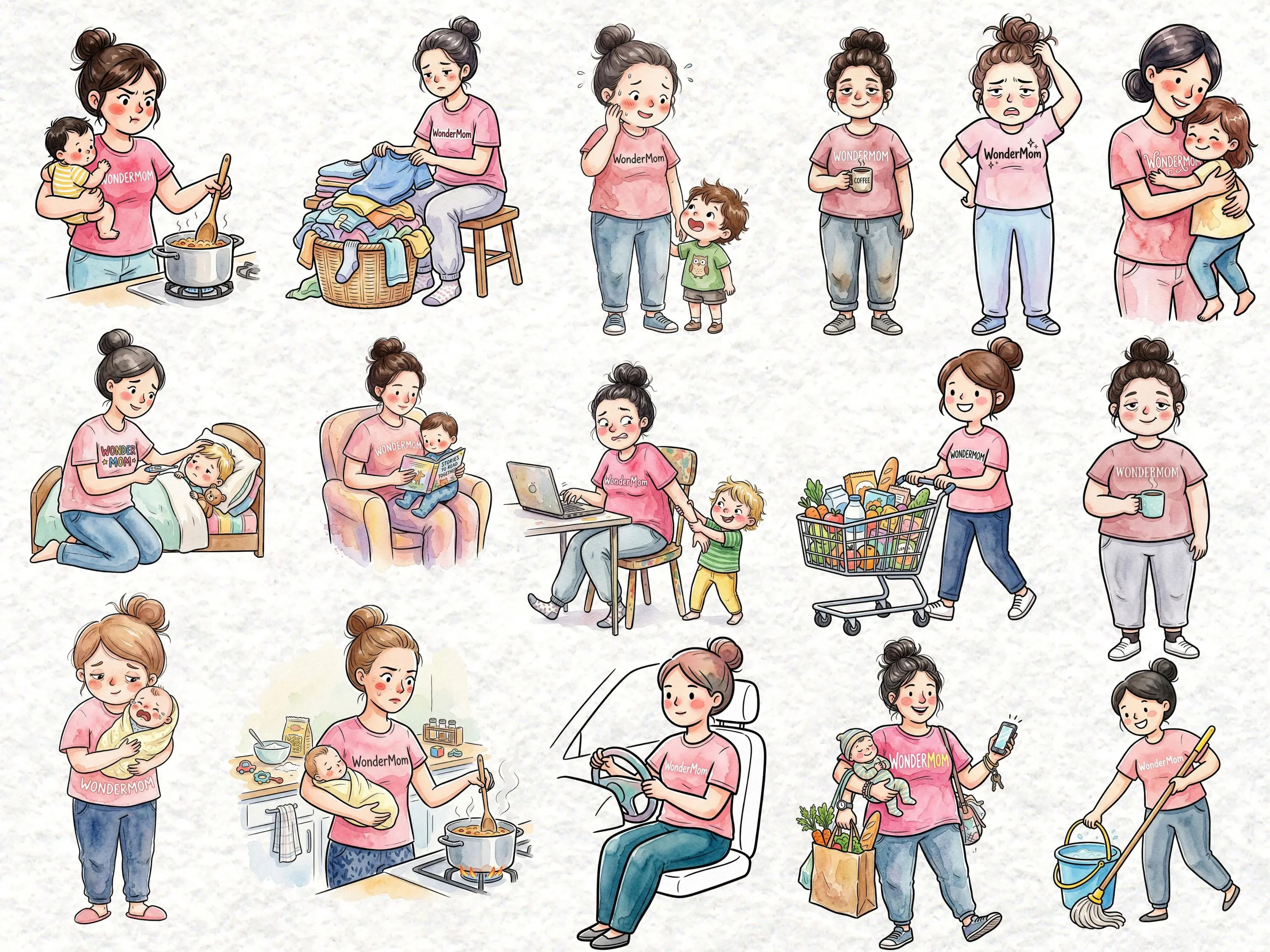 watercolor wonder mom standing superhero pose pink shirt cape illustration
busy mom holding baby and coffee cute watercolor clipart
mom grocery shopping with kids watercolor illustration png
tired mom running on little sleep watercolor design
mom cleaning house playful watercolor illustration
mom working on laptop with child watercolor clipart
happy mom reading book with child watercolor png
mom carrying shopping bags everyday life watercolor