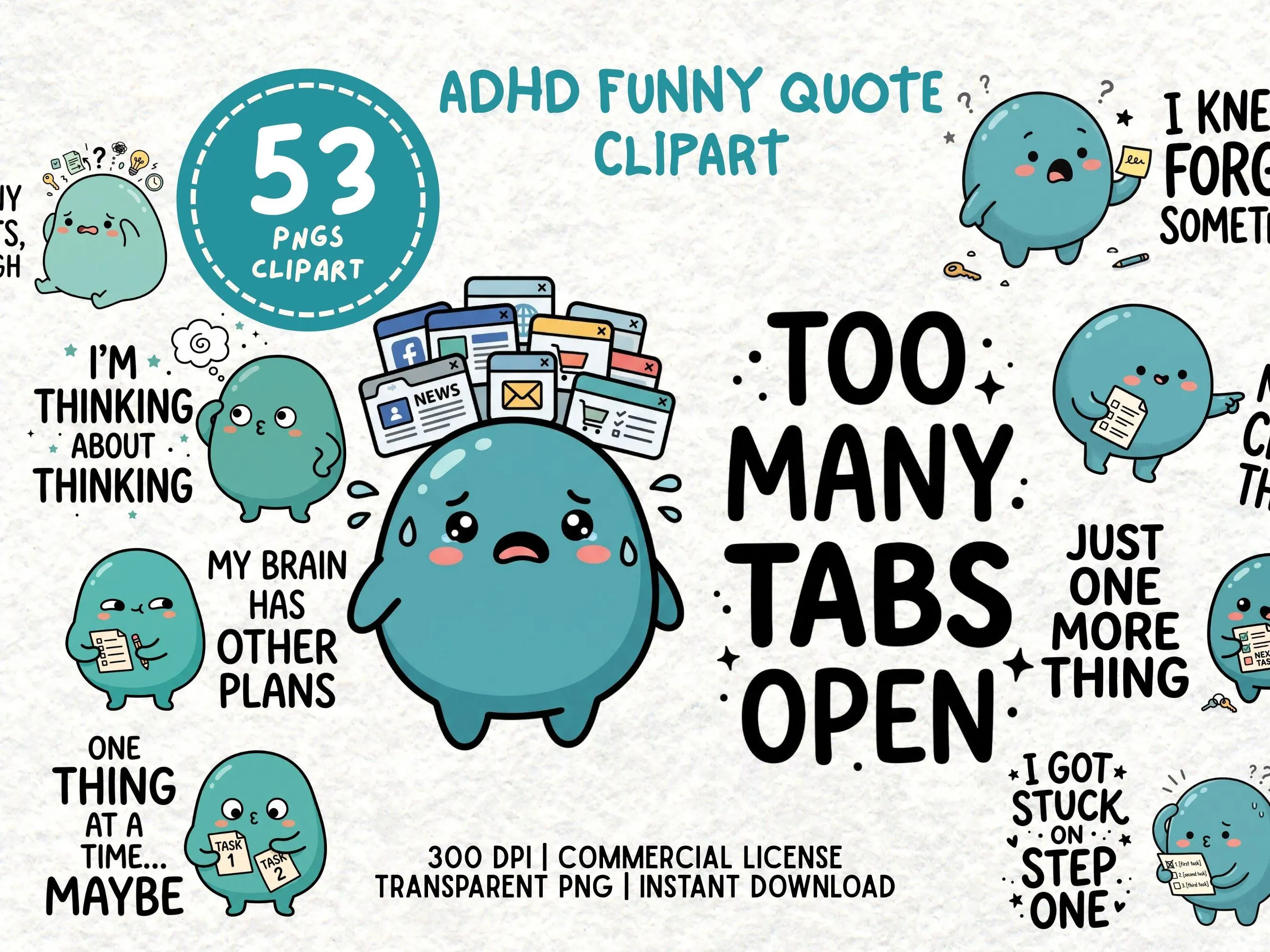 Funny ADHD Quote Clipart, Cute ADHD PNG Bundle, Kawaii Brain Humor Graphics, Neurodivergent Planner Sticker Sublimation Commercial Use