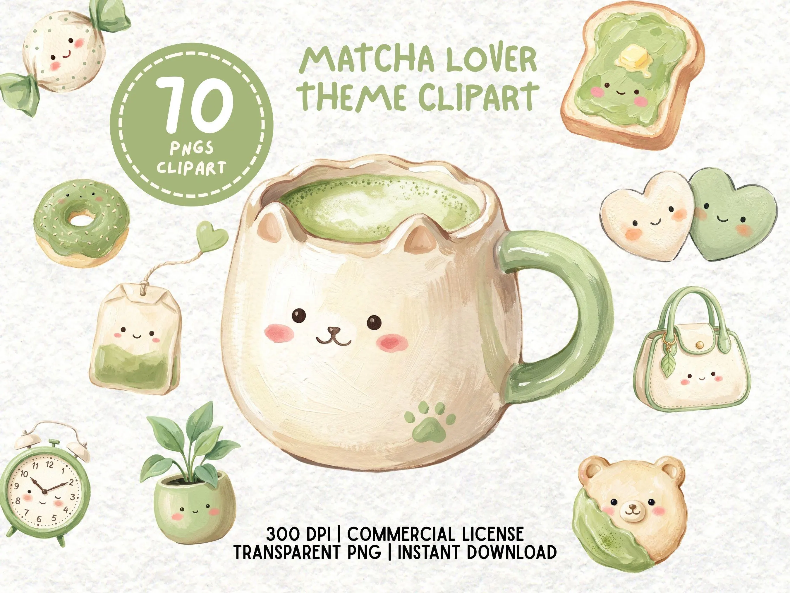 Cute Kawaii Matcha Clipart, Pastel Green Watercolor Food PNG, Cozy Japanese Tea Lover Digital Art, Sweet Cafe Dessert Graphics Bundle
