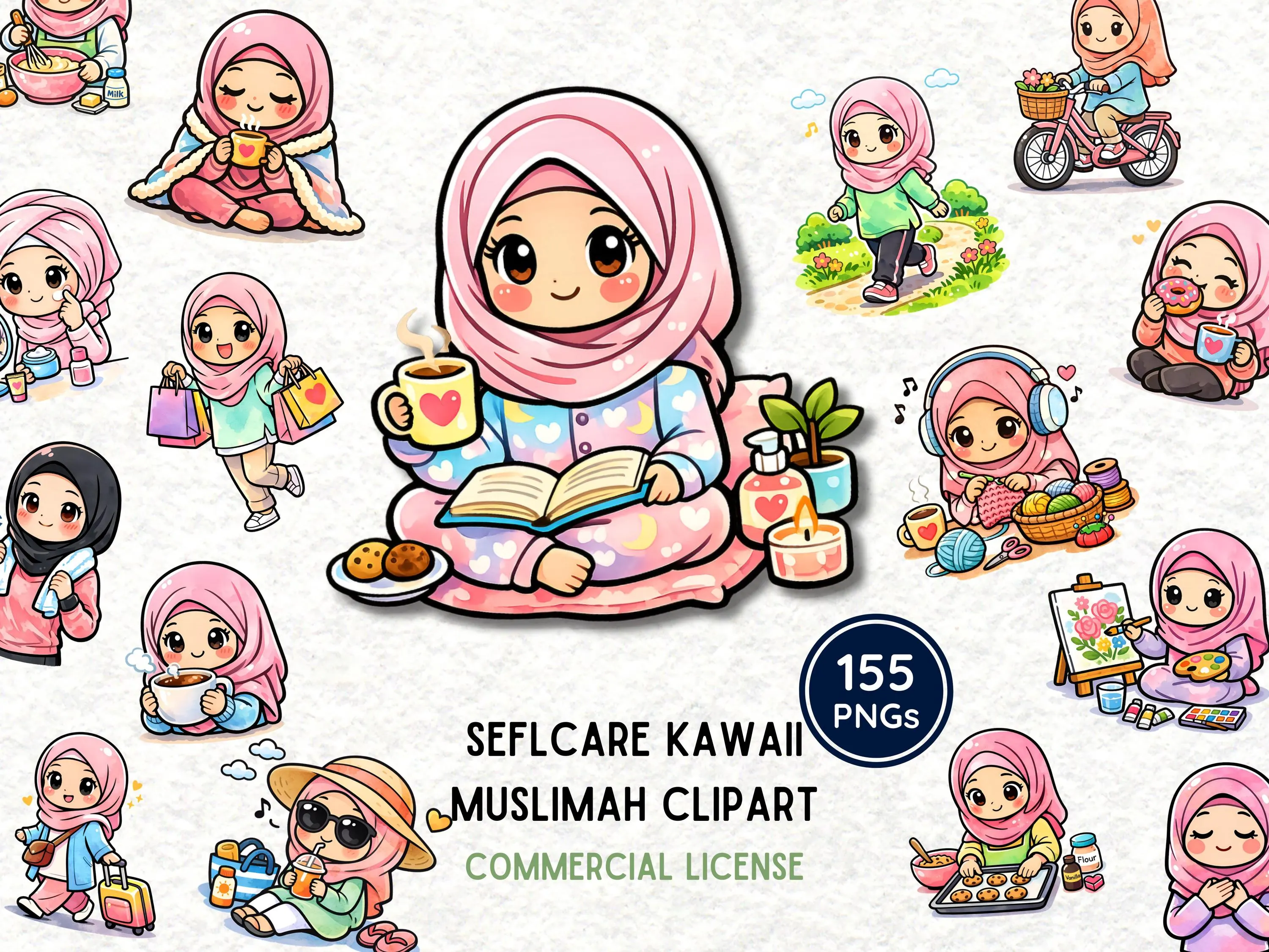 Self Care Kawaii Muslimah Clipart Bundle, Cute Hijab Girl PNG, Islamic Self Love Illustration, Planner Sticker Design, Commercial Use