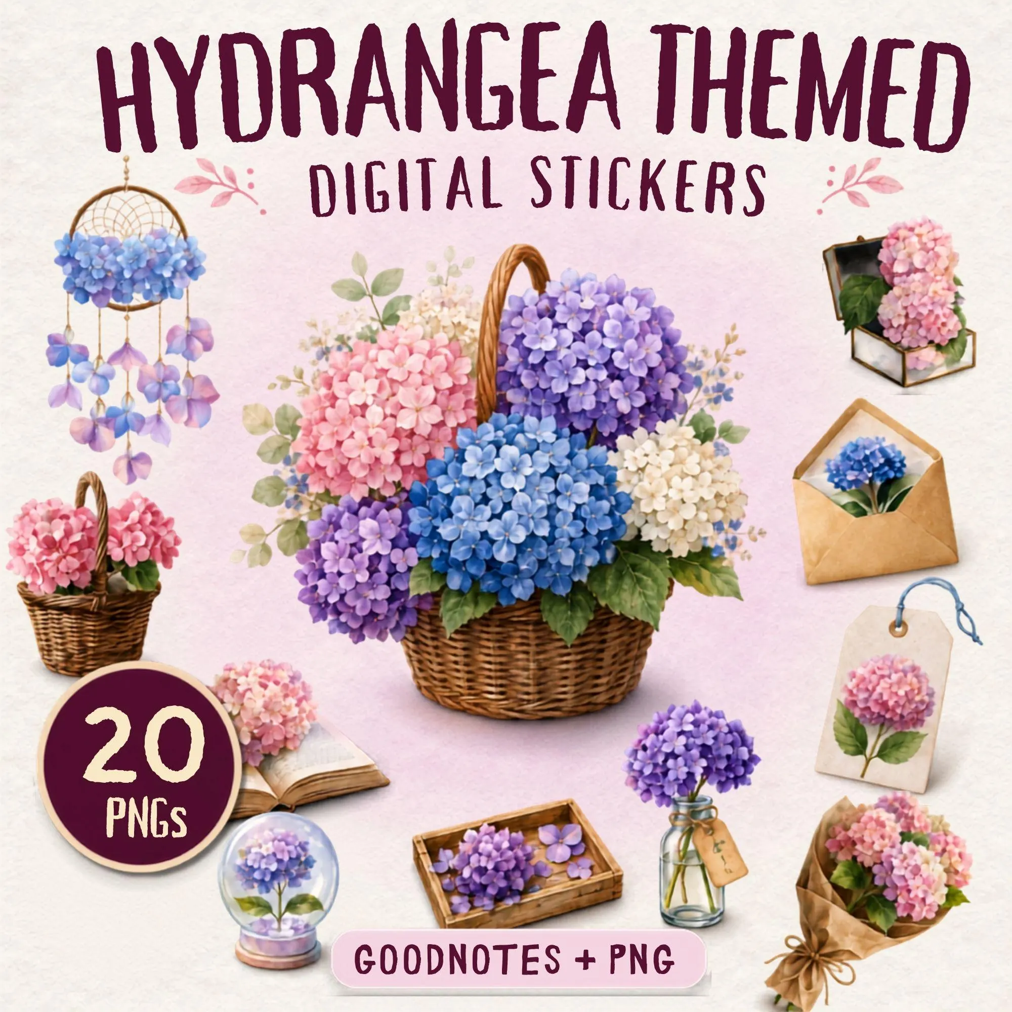 Pink Blue Purple Watercolor Hydrangea Digital Stickers, Cute Floral PNG Clipart, Botanical GoodNotes Planner Stickers, Digital Journal Decor
