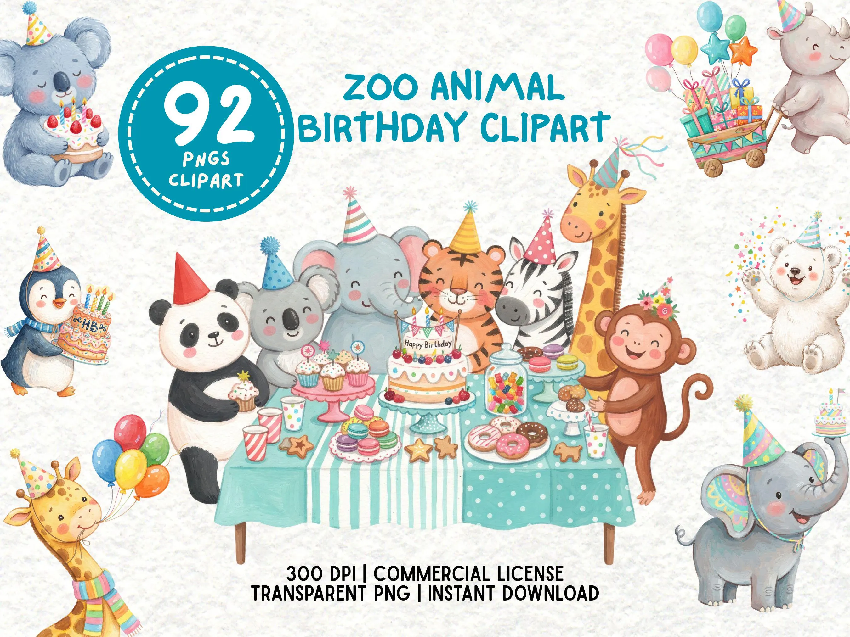 Watercolor Cute Zoo Animal Clipart, Pastel Safari Birthday PNG, Kawaii Jungle Party Graphics, Kids Animal 92 PNG Bundle, Commercial Use
