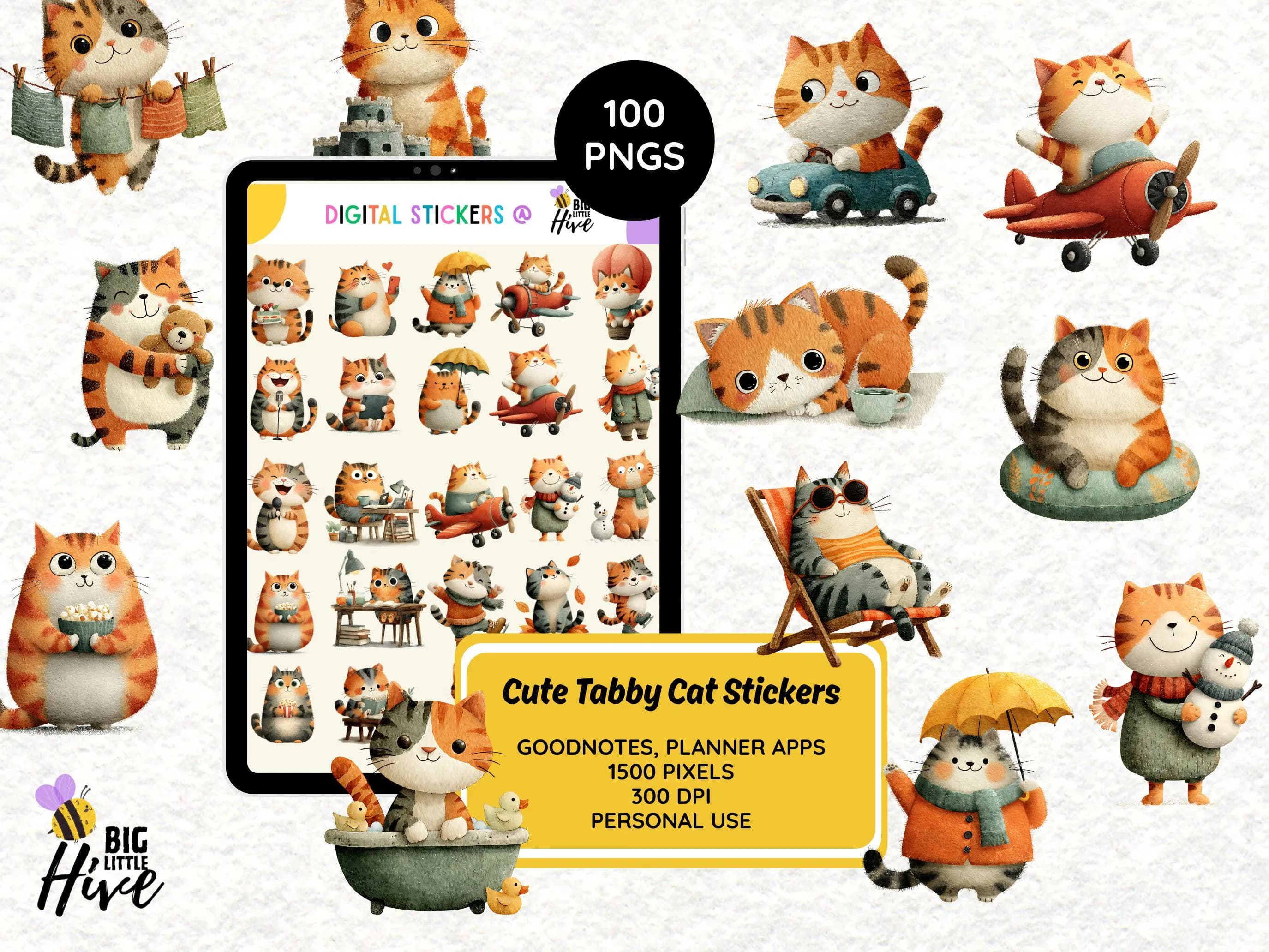 Cat Digital Stickers for GoodNotes, OneNote, Notability | Cute Kawaii Cat PNG Sticker Pack | Digital Planner Stickers 300 DPI