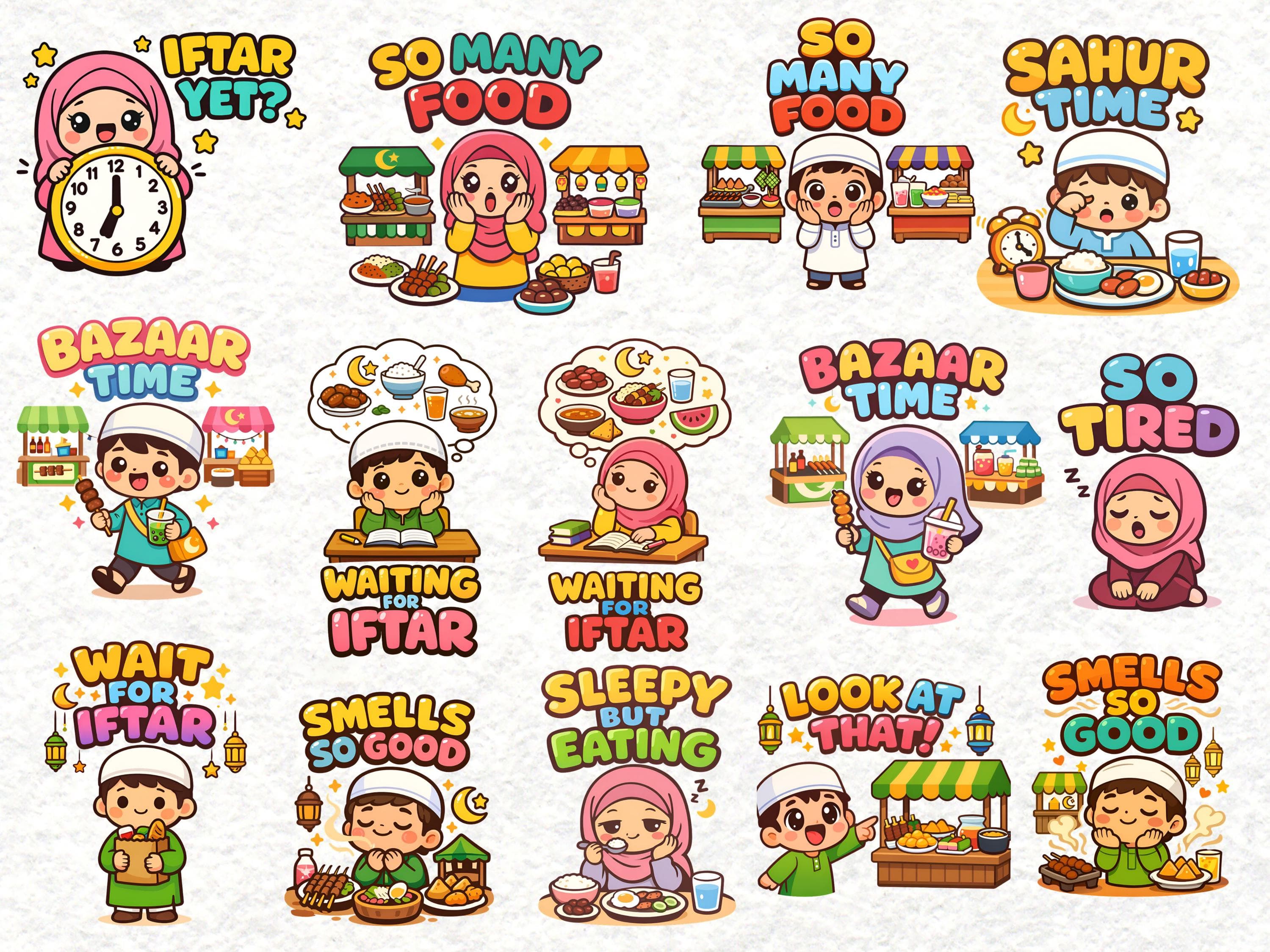 Funny Ramadan kids clipart showing children fasting
Cute Muslim kids cartoon waiting for iftar
Sleepy sahur time kids Ramadan illustration
Thinking about food funny fasting kids PNG
Muslim children Ramadan sticker design
Islamic kids clipart with fasting expressions
