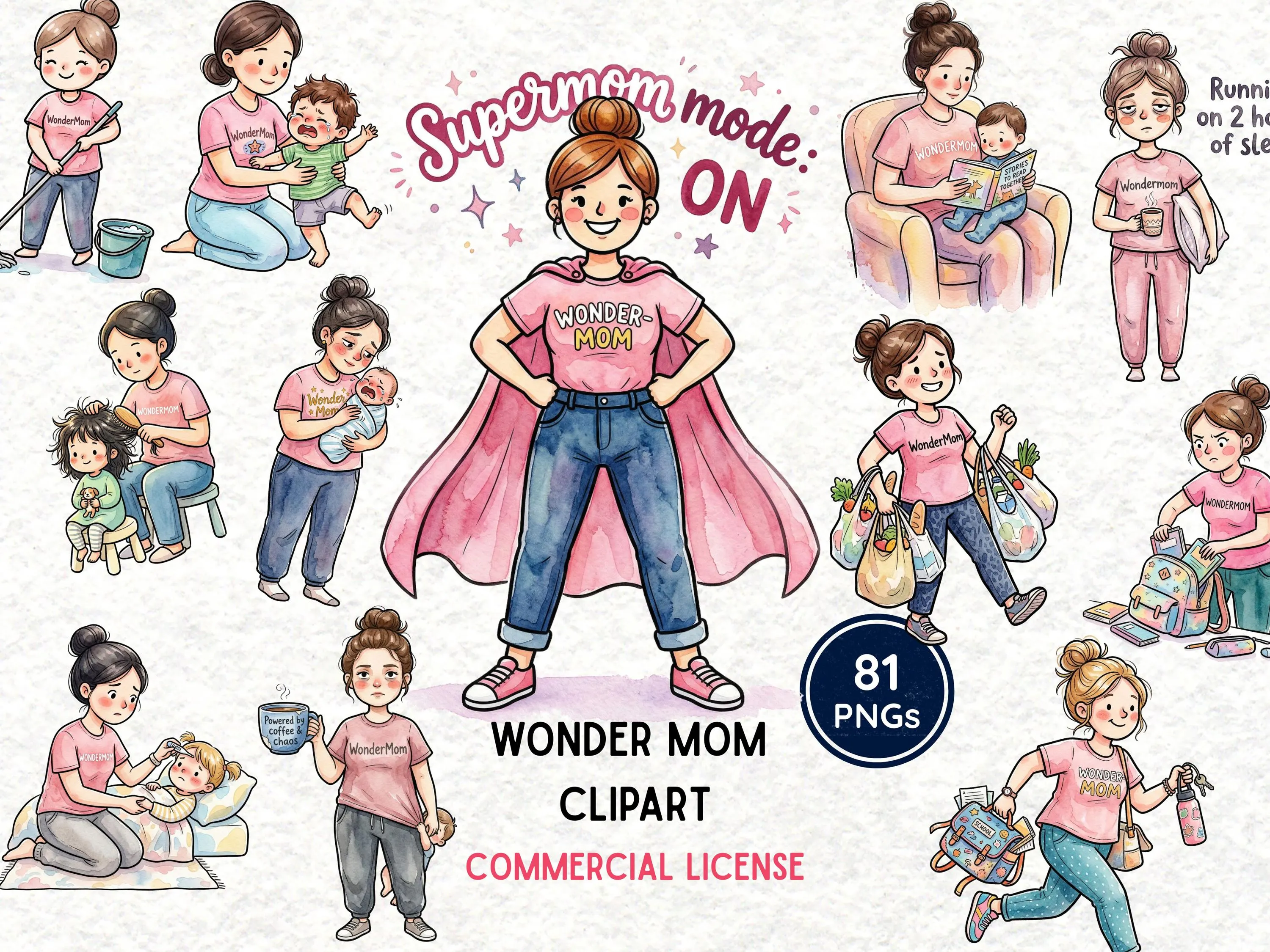 Wonder Mom Clipart Bundle PNG, Super Mom Watercolor Clipart Set, Busy Mom Life Illustrations, Motherhood Sublimation Design, Commercial Use