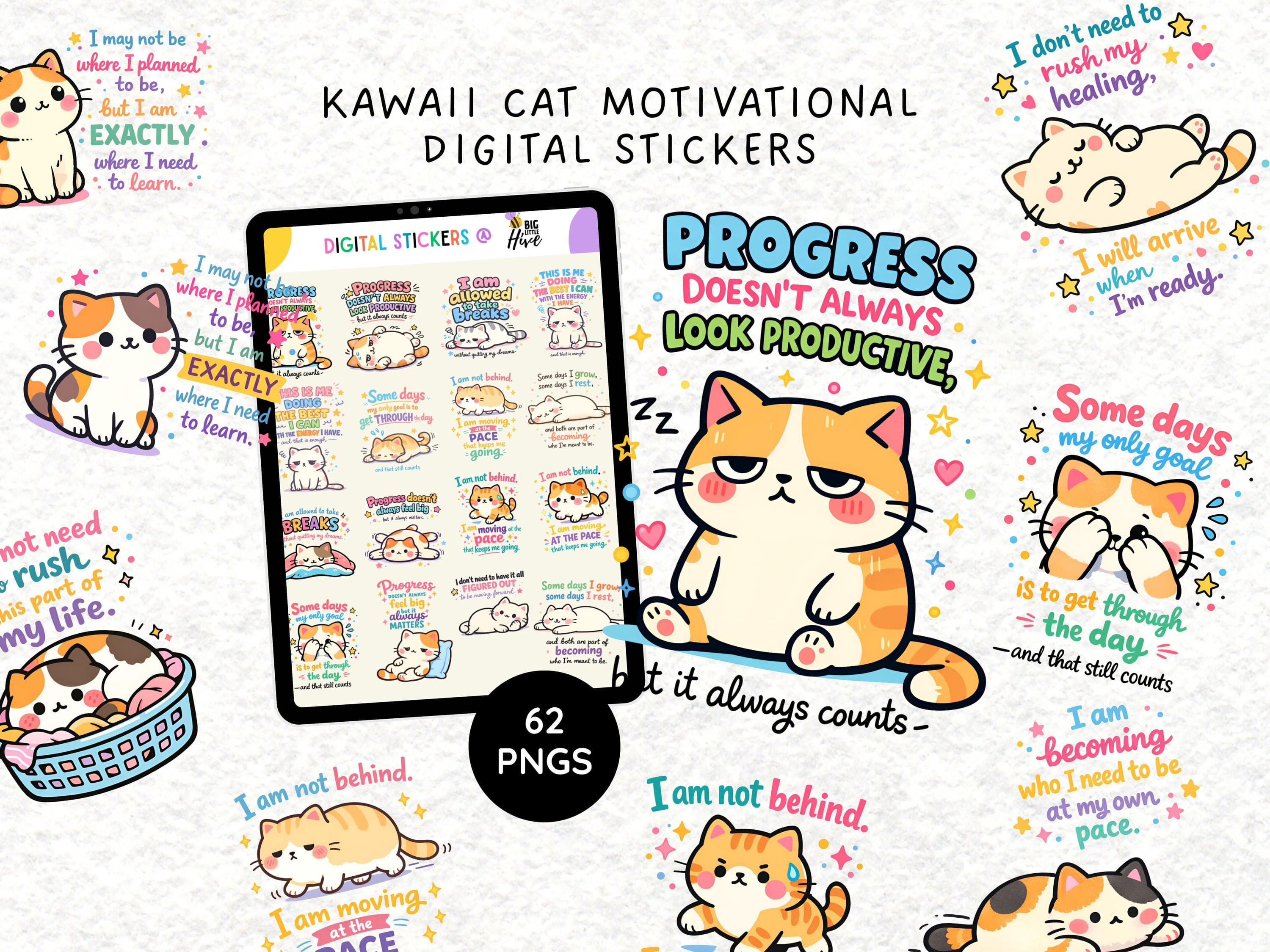 Kawaii Cat Motivational Digital Stickers | Cute Self Care Cat Stickers PNG | Mental Health Affirmation Stickers for GoodNotes