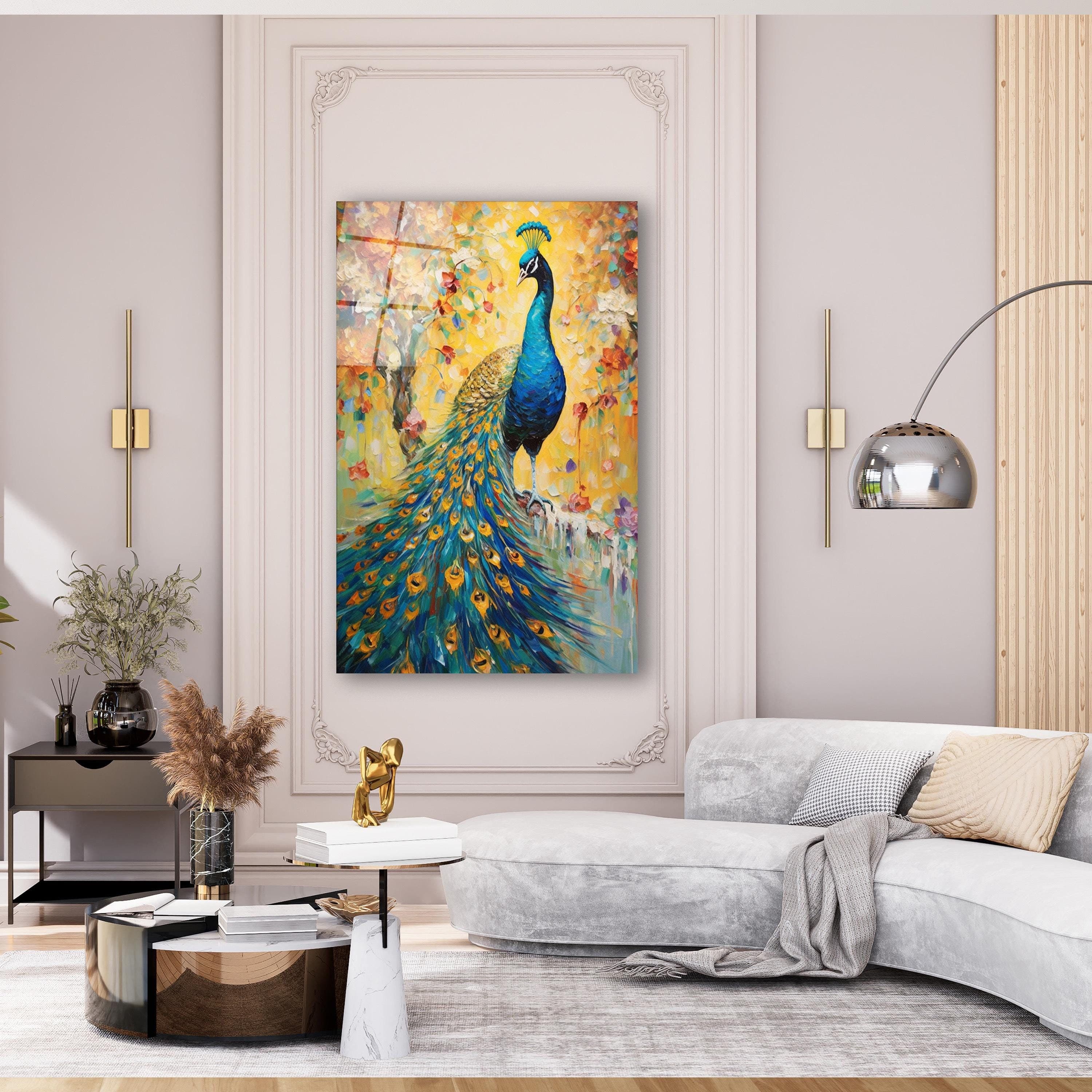 Peacock Flowers Glass Wall Art, Elegant Tempered Glass Decor, Living Room Art, New Home Gifts, Birthday Gifts, Wall Hangings, Glass Printing