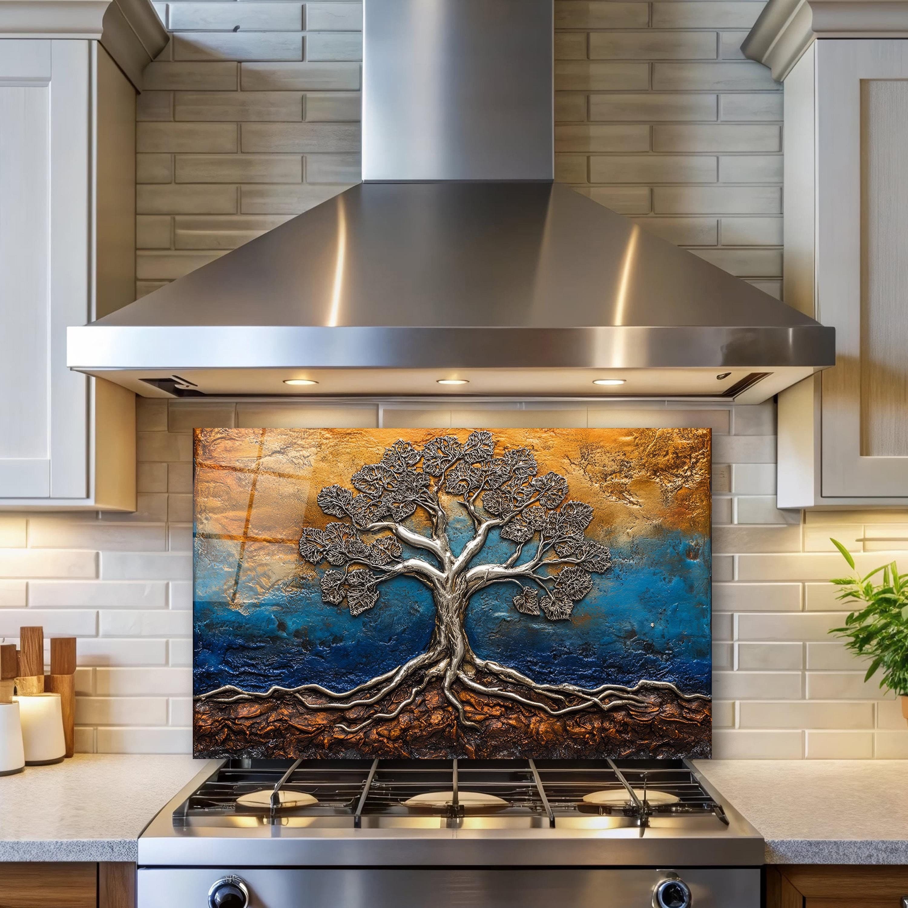 Metal Relief Inspired Glass Backsplash, Tempered Glass Tree of Life Backsplash, Kitchen Splashback Panel, Kitchen Wall Art, New Home Gifts
