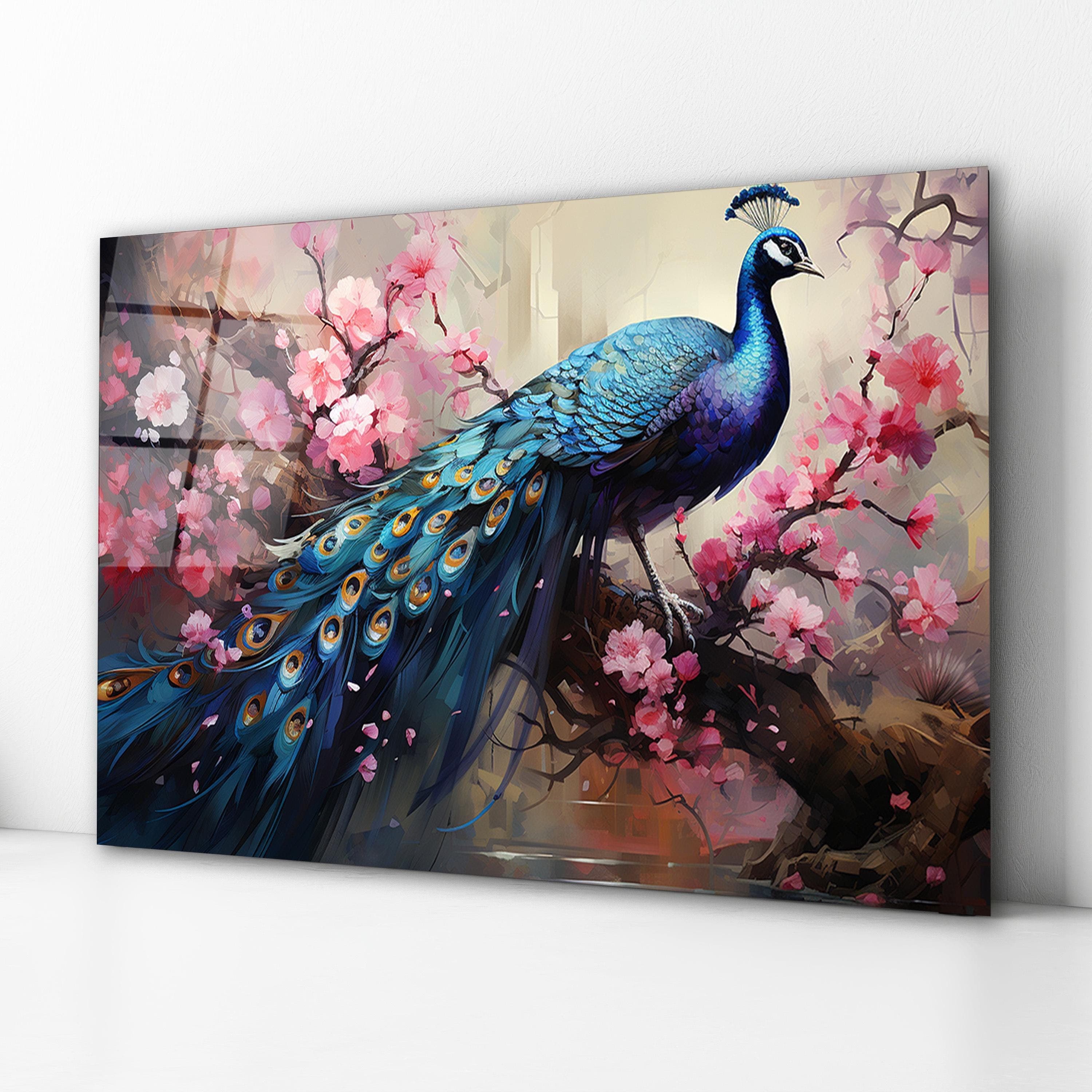 Peacock and Pink Flowers Painting Glass Wall Art, Elegant Peacock Tempered Glass Decor, Living Room Art, New Home Gifts, Mother's Day Gifts