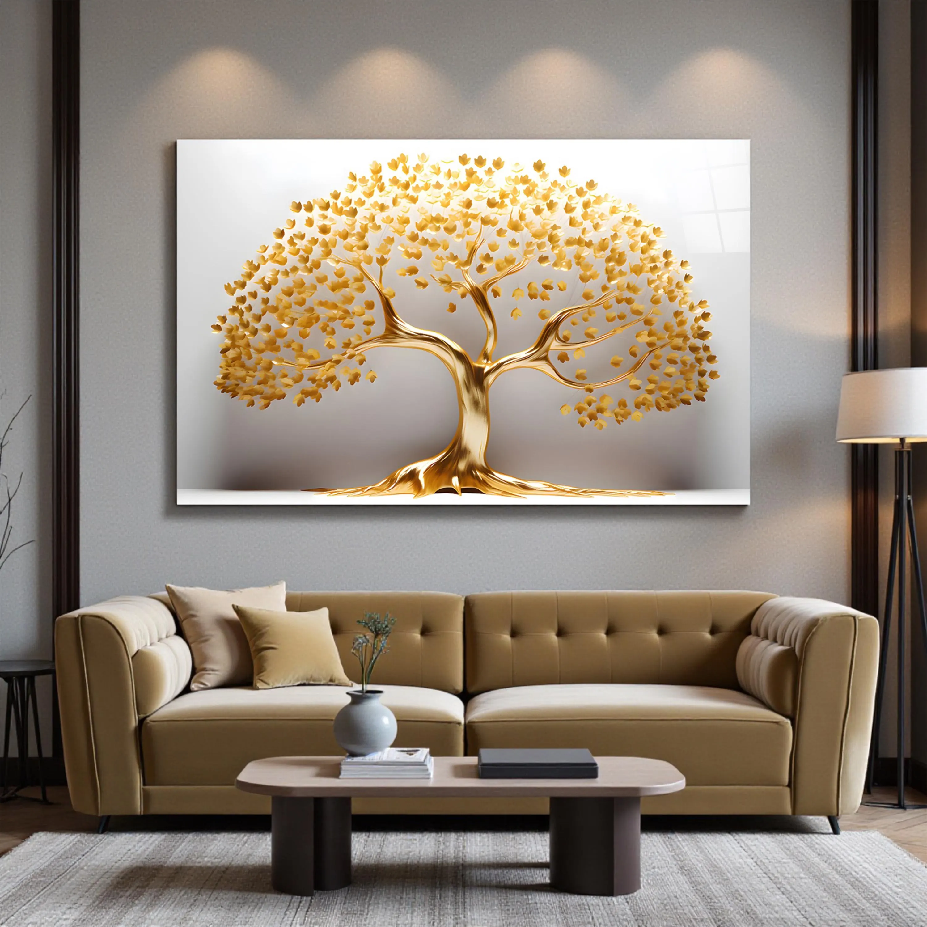 Elegant Golden Tree Glass Wall Art, Luxury Tempered Glass Decor, Living Room Art, Tree of Life Print, Valentine's Gifts, Home Decoration