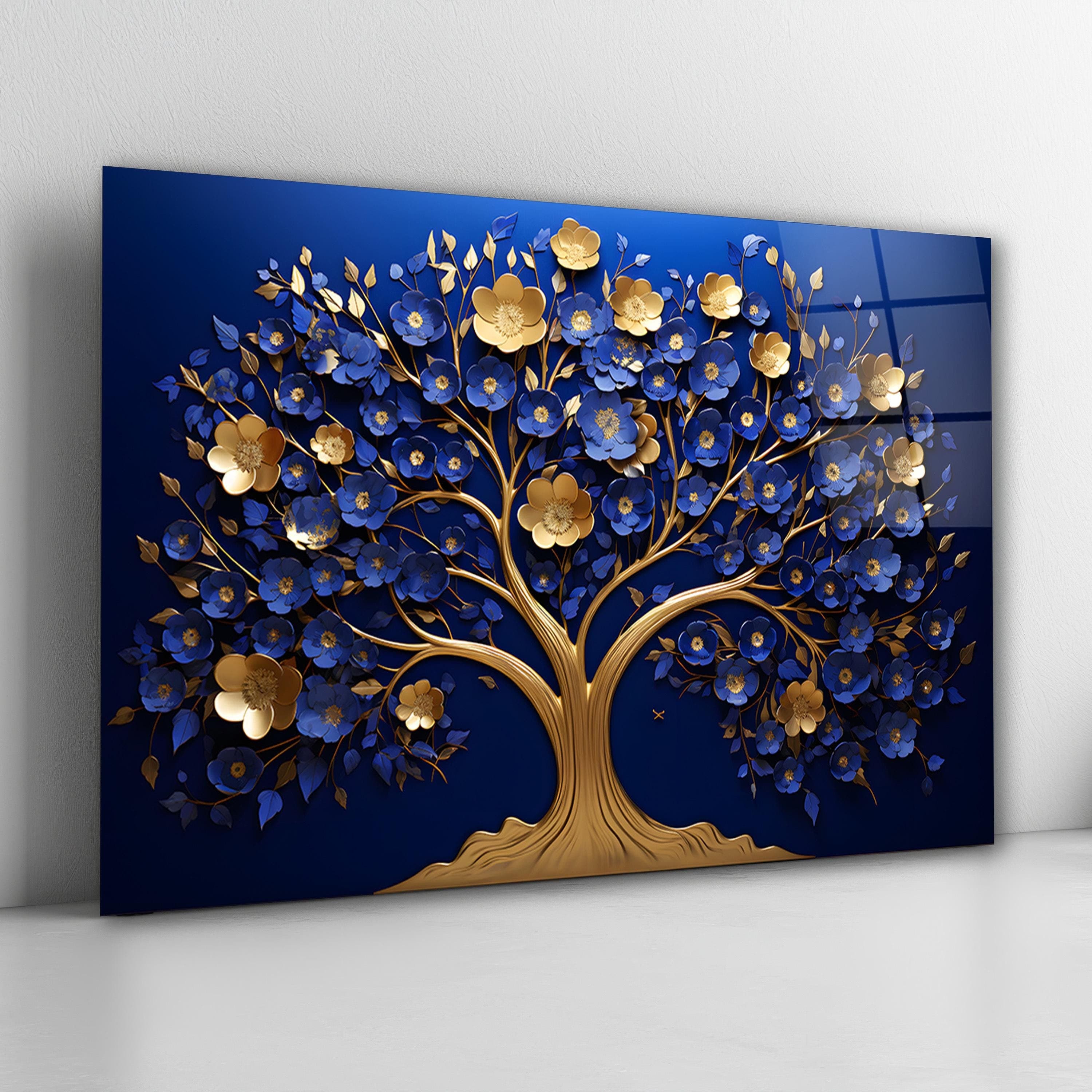 Blue & Gold Glass Wall Art, Tempered Glass Tree of Life Wall Decor, Modern Wall Art, Living Room Decor, Valentine's Gift, Mother's Day Gift