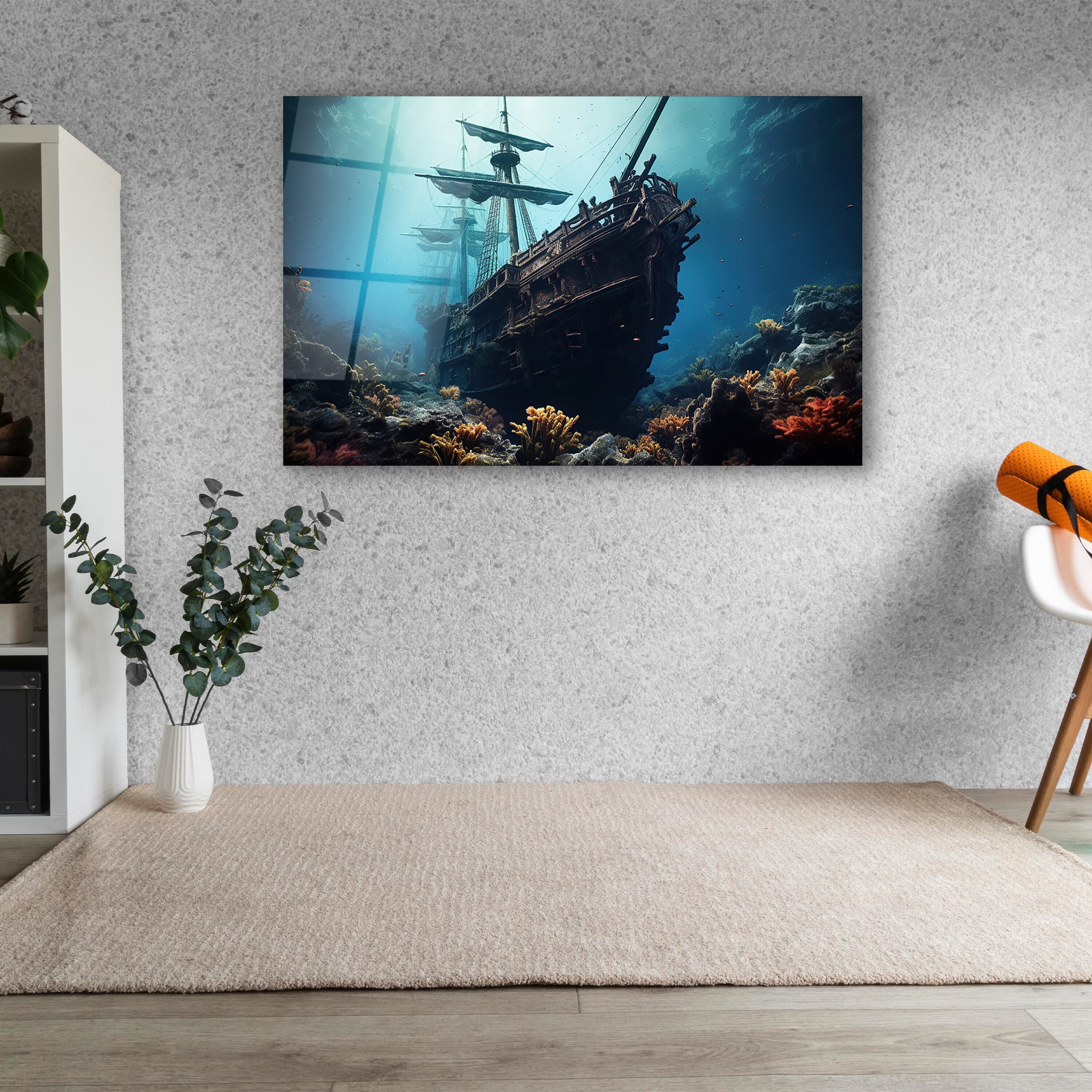 Shipwreck Glass Wall Art, Sunken Ship Tempered Glass Wall Decor, Extra Large Wall Art, Gifts For Him, Living Room Art, Extra Large Wall Art