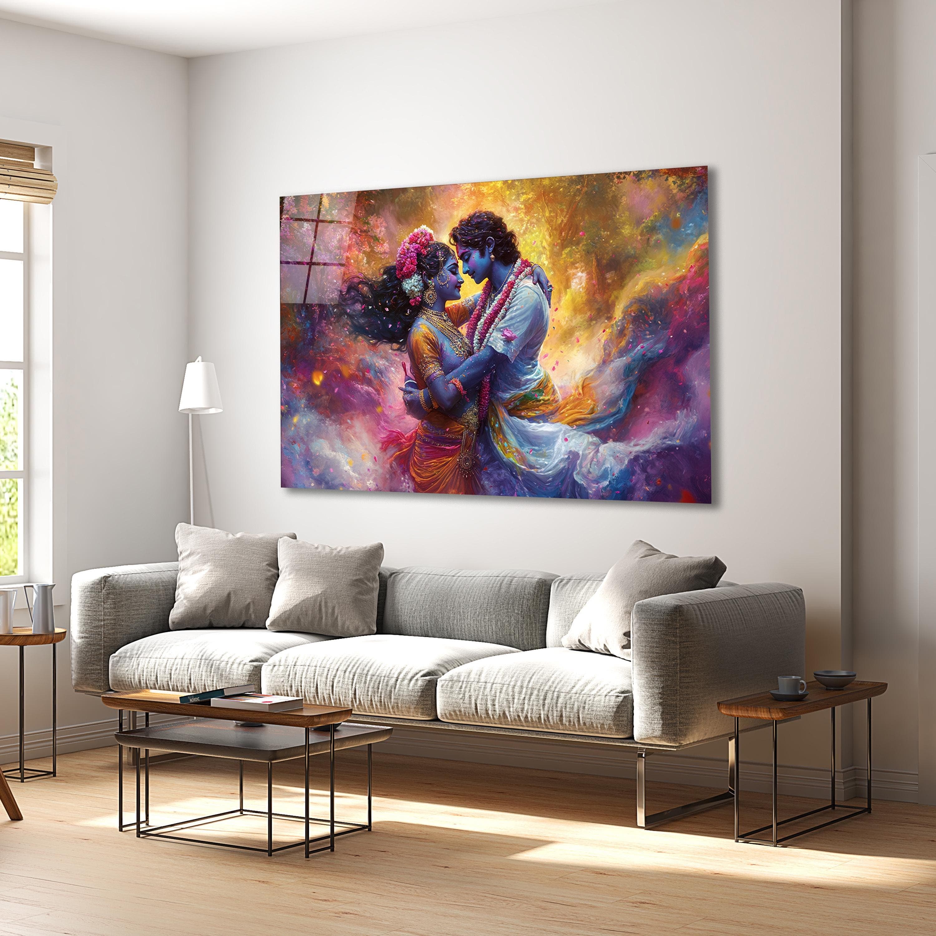 Radha Krishna Painting, Hindu Deities Tempered Glass Wall Art, Living Room Decor, Above Bed Art, New Home Gifts, Hindu Gifts, Glass Print