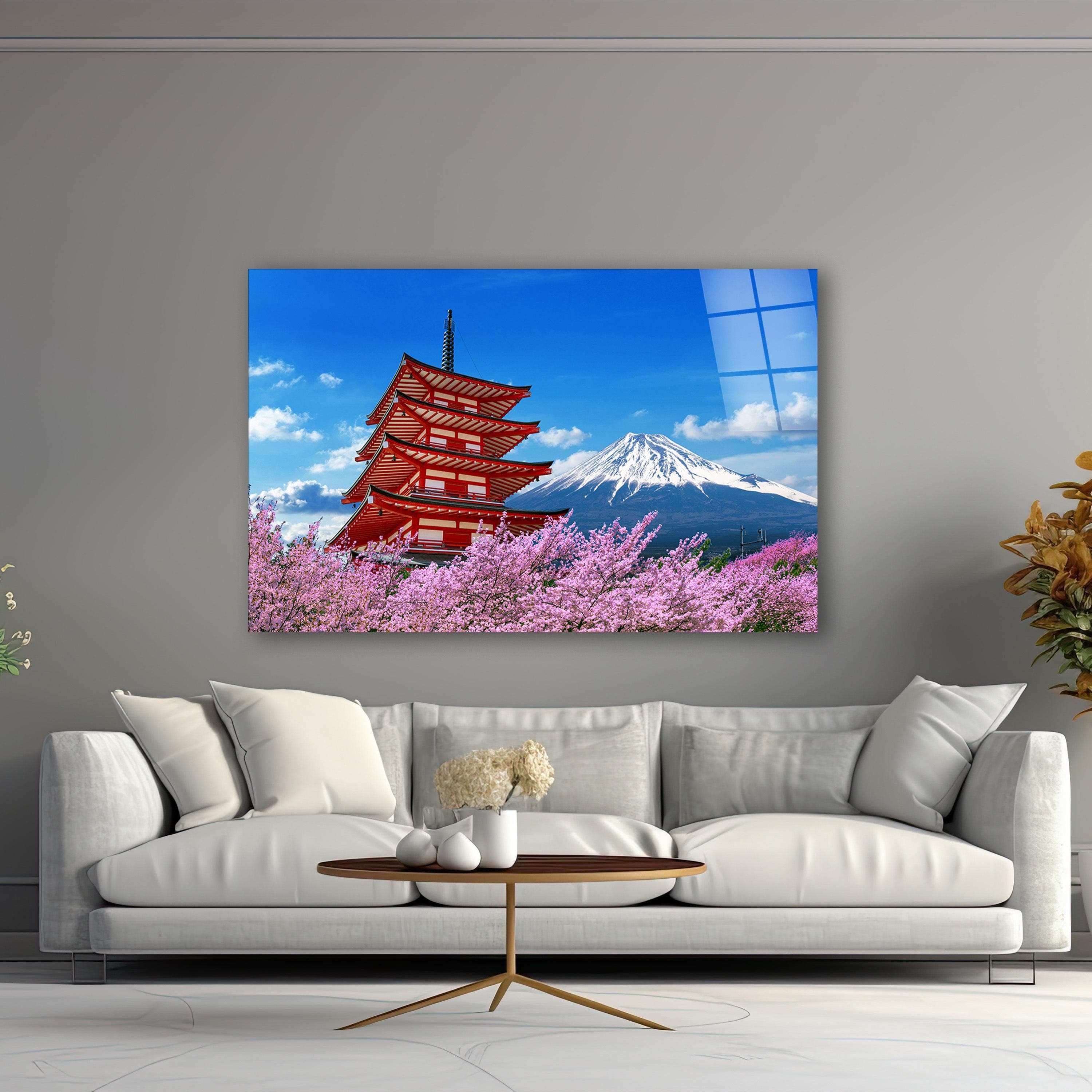Cherry Blossom Glass Wall Art, Japanese Pagoda and Mount Fuji Wall Decor, Scenic View Wall Art, New Home Gifts, Unique Gifts, Wall Hangings