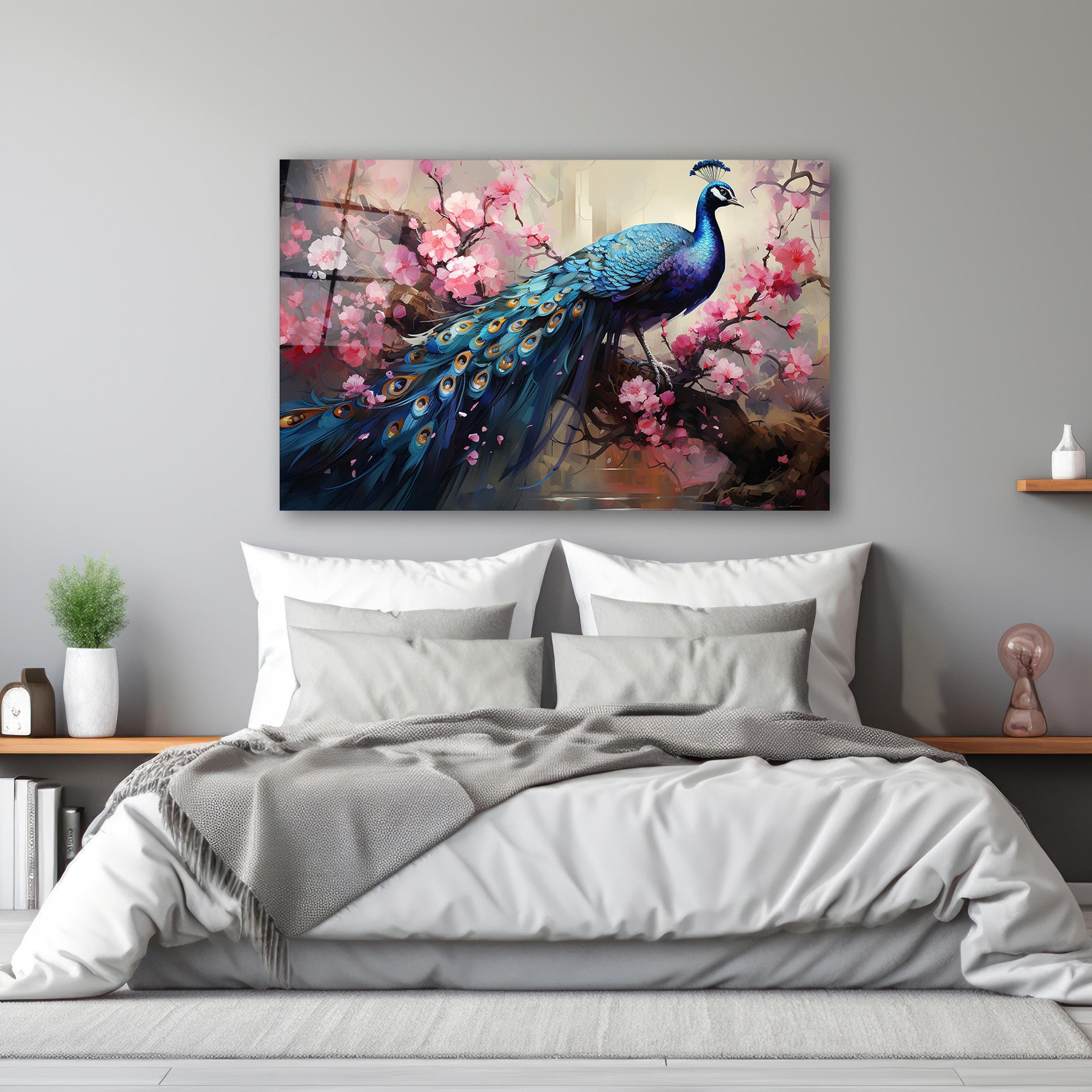 Peacock and Pink Flowers Painting Glass Wall Art, Elegant Peacock Tempered Glass Decor, Living Room Art, New Home Gifts, Anniversary Gifts