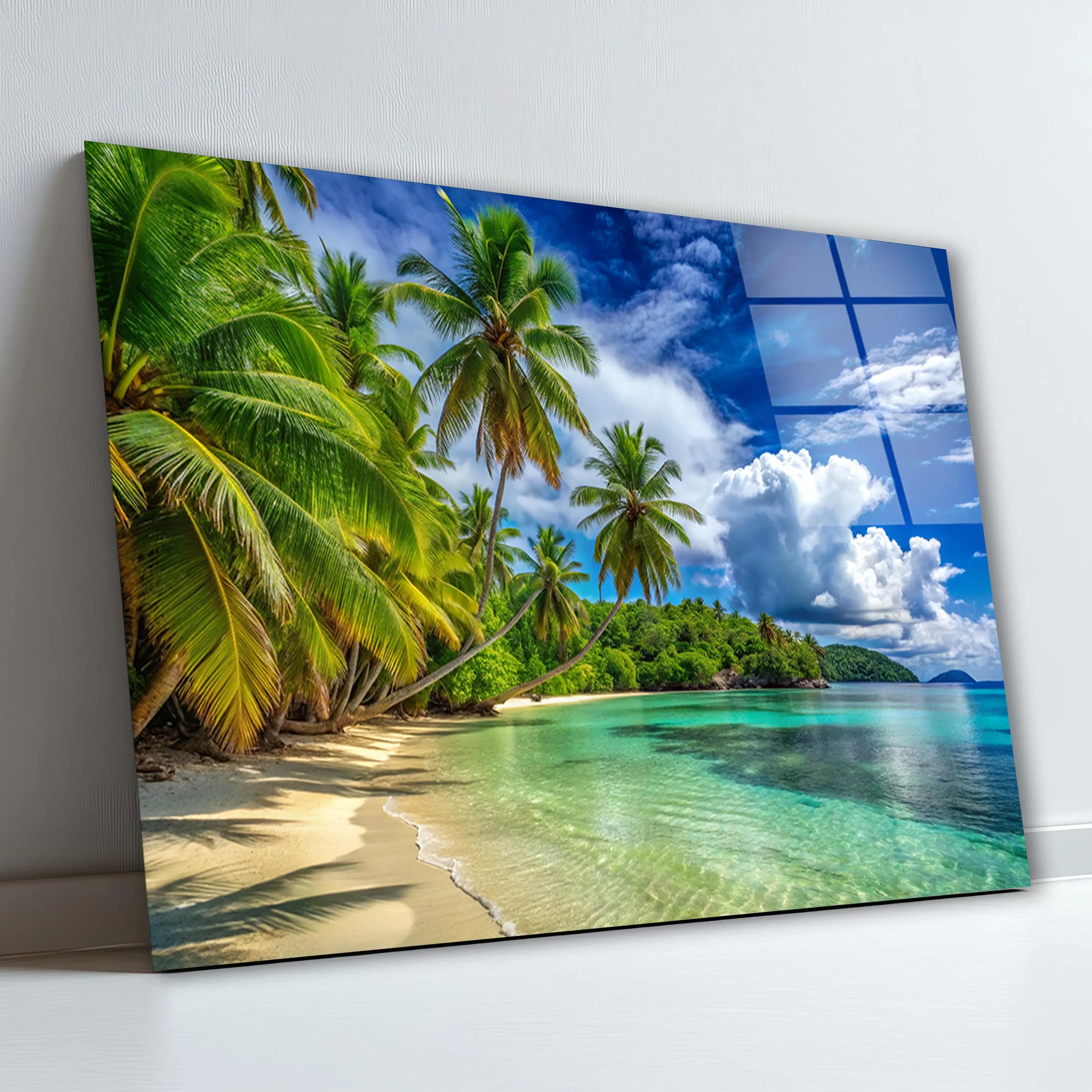 Tropical Beach Glass Wall Art, Palm Trees Tempered Glass Decor, Coastal Wall Art, Living Room Decoration, Valentine's Gifts, Wall Hangings