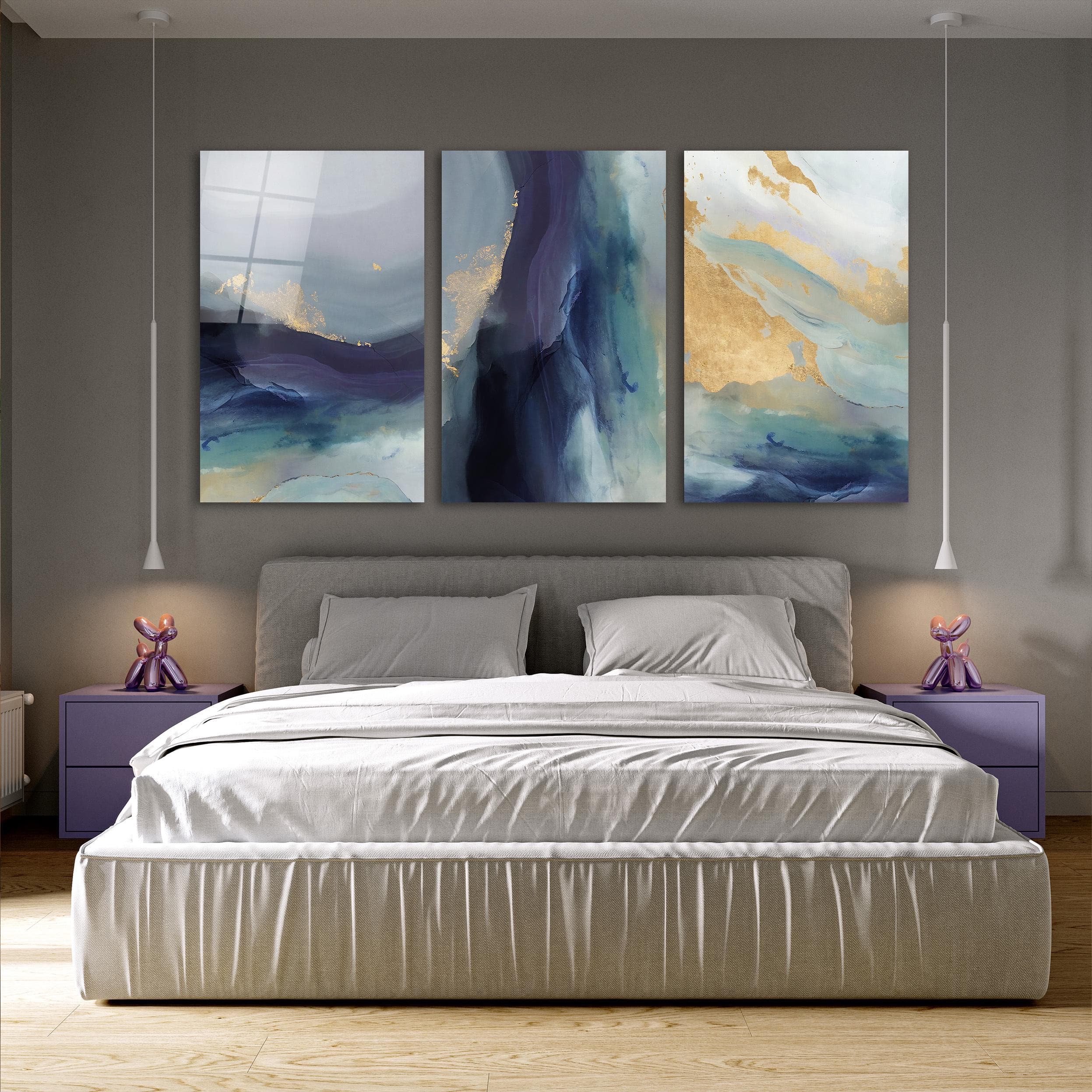 Triptych Abstract Blue Gold Wall Decor, Tempered Glass Triple Modern Wall Art, 3-Panel Wall Decor, Living Room Art, Interior Design Ideas