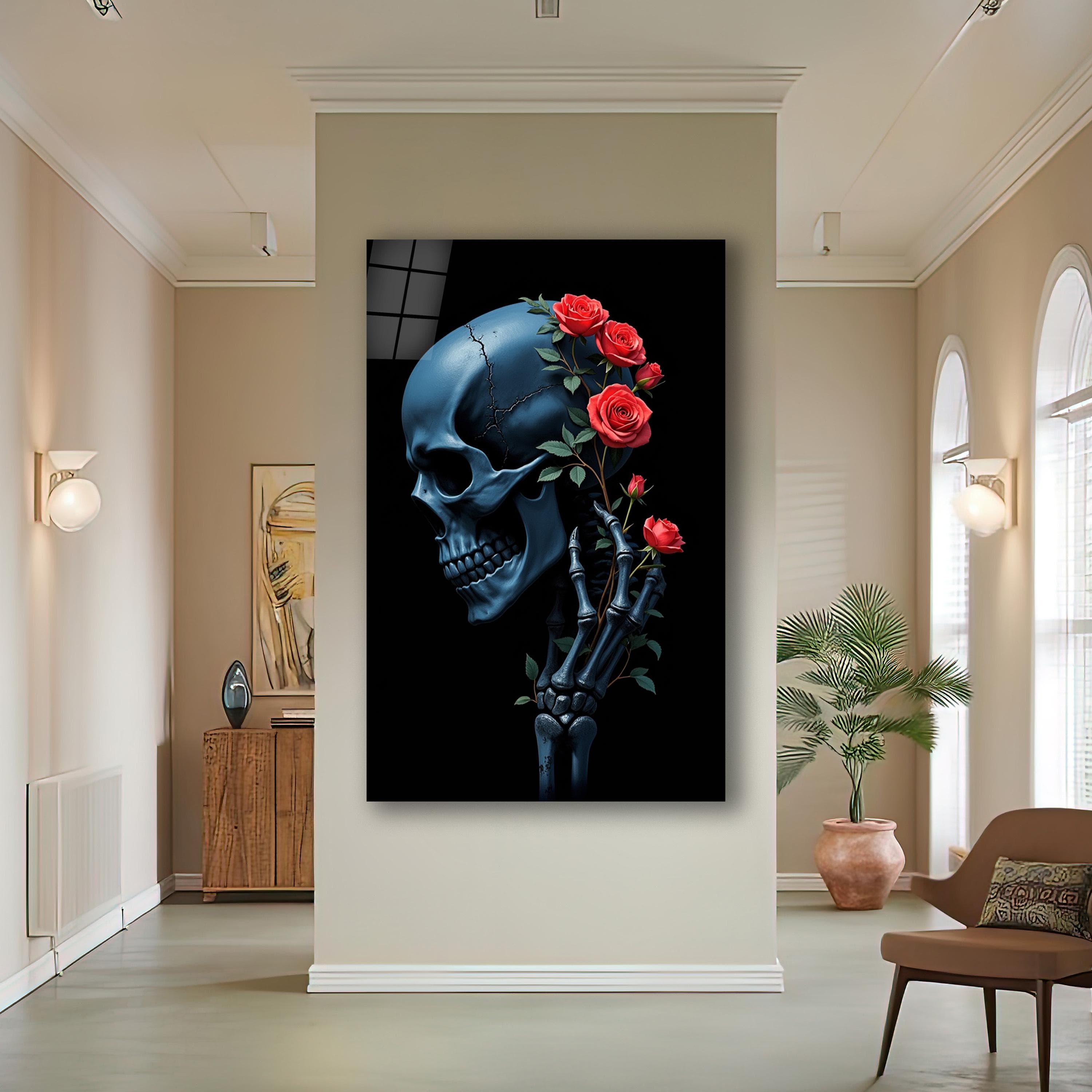 Skeleton and Roses Glass Wall Art, Gothic Tempered Glass Decor, Skull and Rose Wall Decor, Living Room Wall Art, Unique Gifts, Wall Hangings