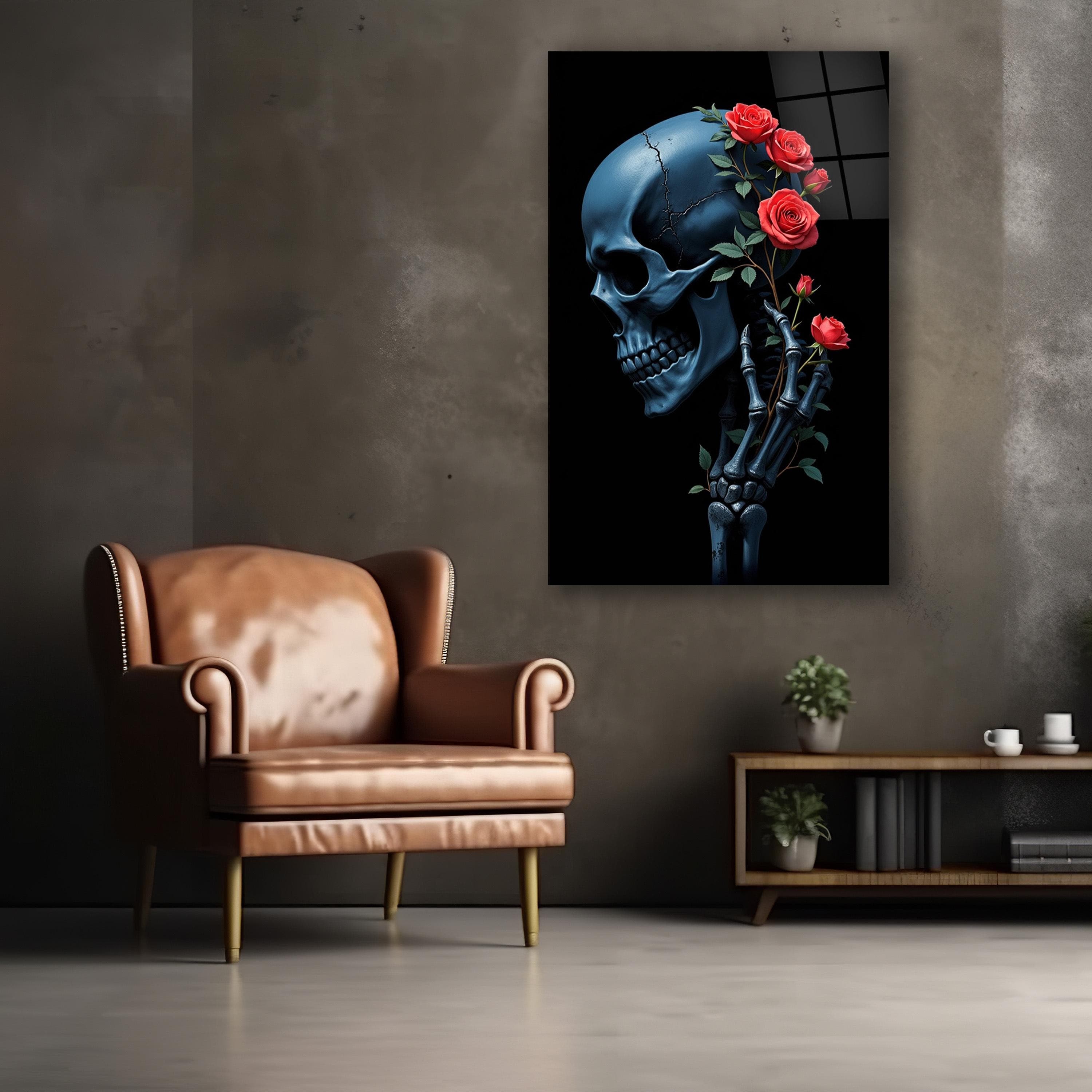 Skeleton and Roses Glass Wall Art, Gothic Tempered Glass Decor, Skull and Rose Wall Decor, Living Room Wall Art, Unique Gifts, Wall Hangings