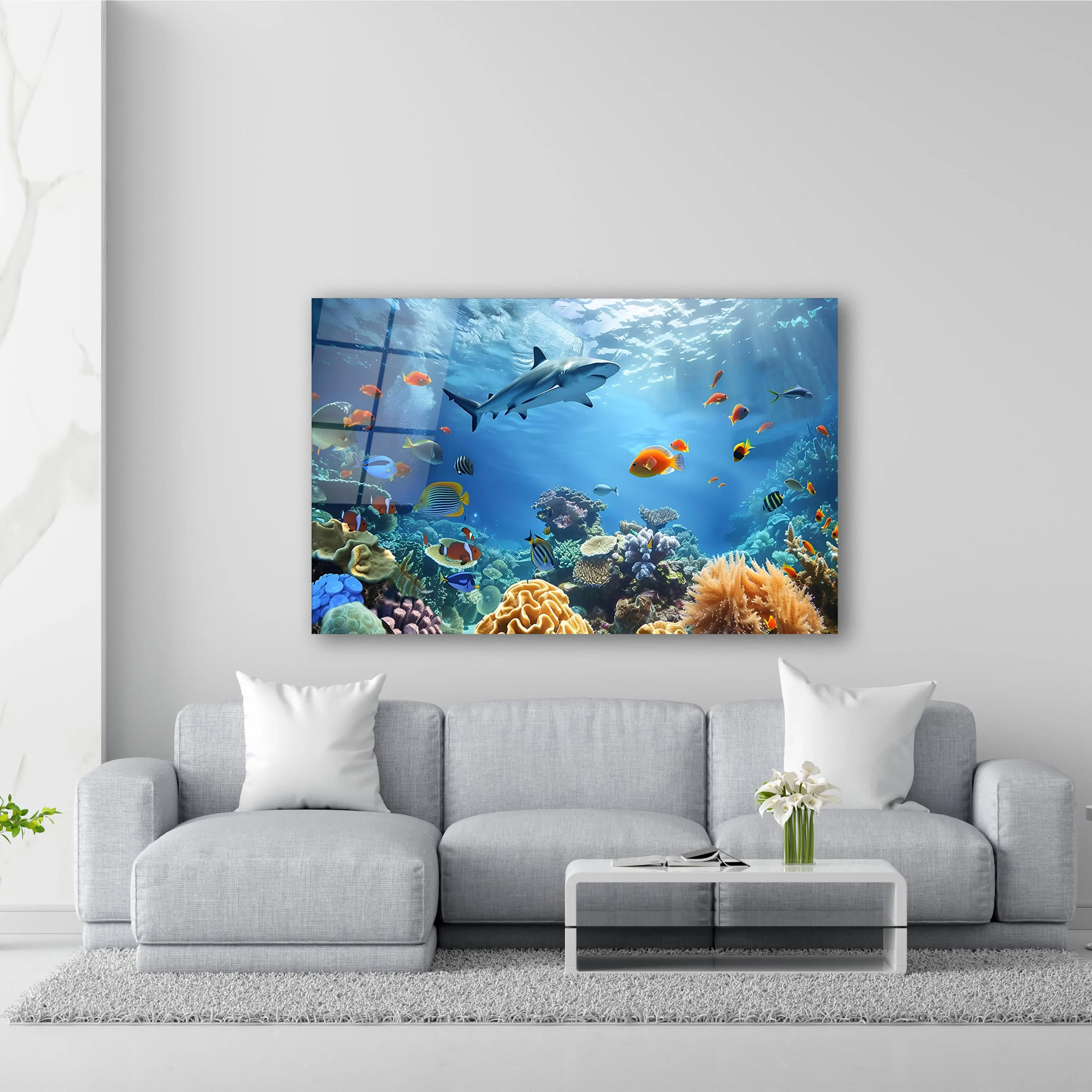 Underwater Coral Reef & Fish Tempered Glass Wall Art, Shark Glass Wall Decor, Living Room Art, Bathroom Decor, New Home Gifts, Glass Print