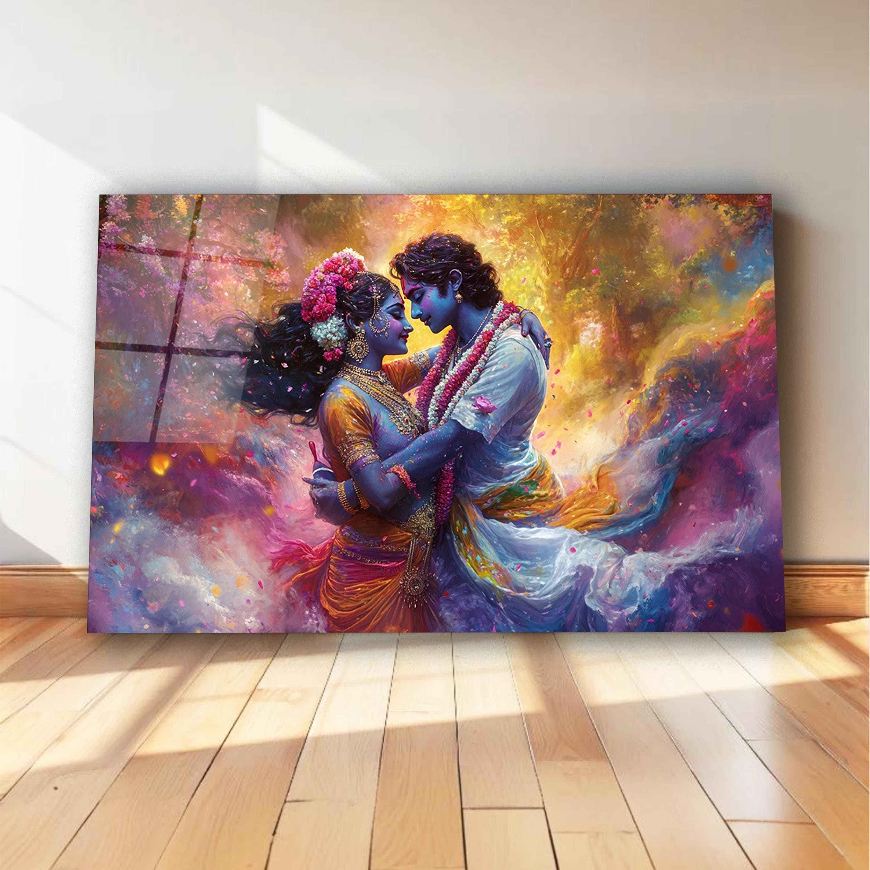 Radha Krishna Painting, Hindu Deities Tempered Glass Wall Art, Living Room Decor, Above Bed Art, Valentine's Gifts, Hindu Gift, Glass Print