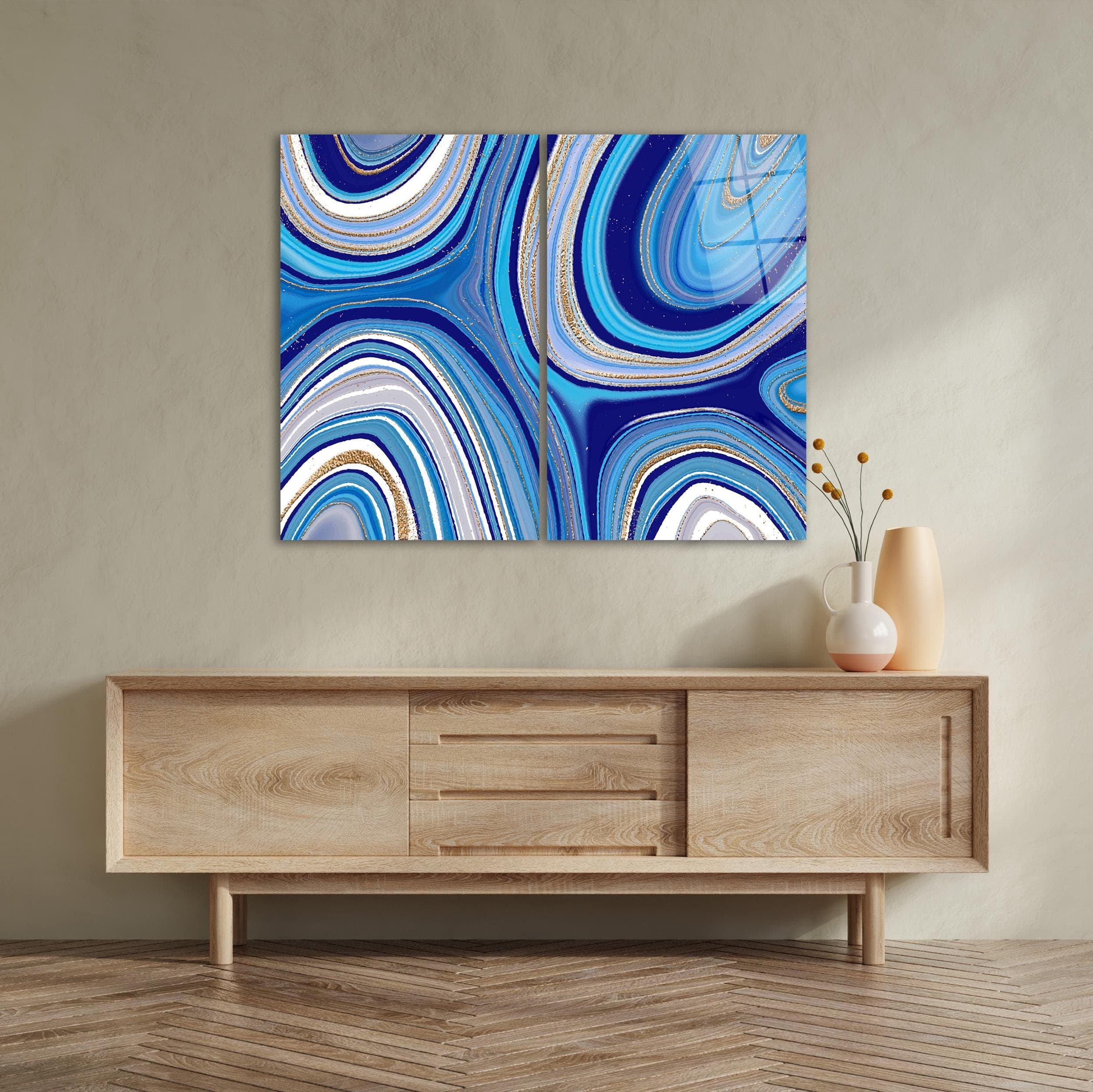 Blue Abstract Glass Wall Art, 2-Panel Modern Tempered Glass Decor, Elegant Living Room Art, Above Bed Art, Anniversary Gifts, Wall Hangings