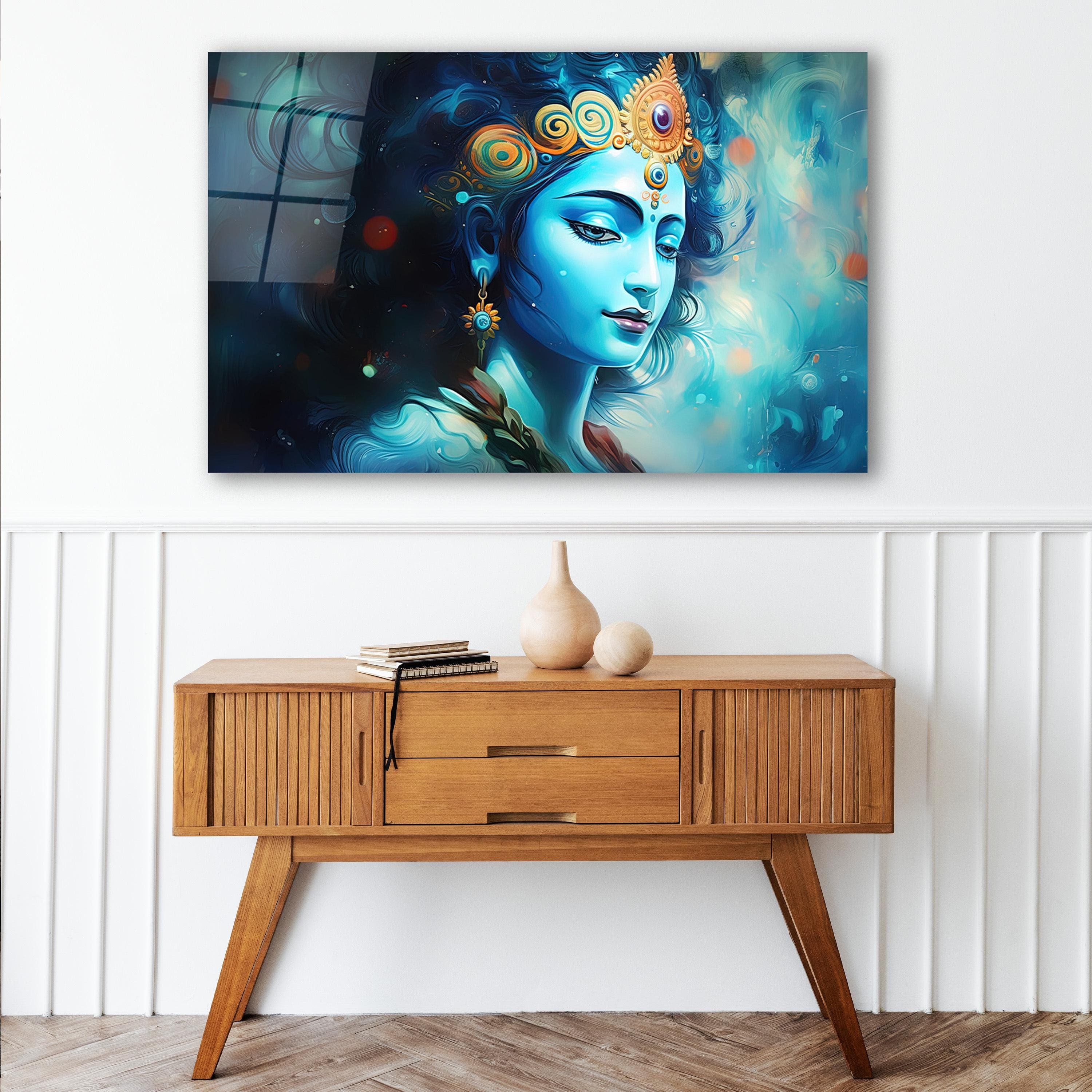 Krishna Glass Wall Art, Hindu Deity Blue Tempered Glass Decor, New Home Gifts, Wedding Gifts, Anniversary Gifts, Wall Hangings, Glass Print