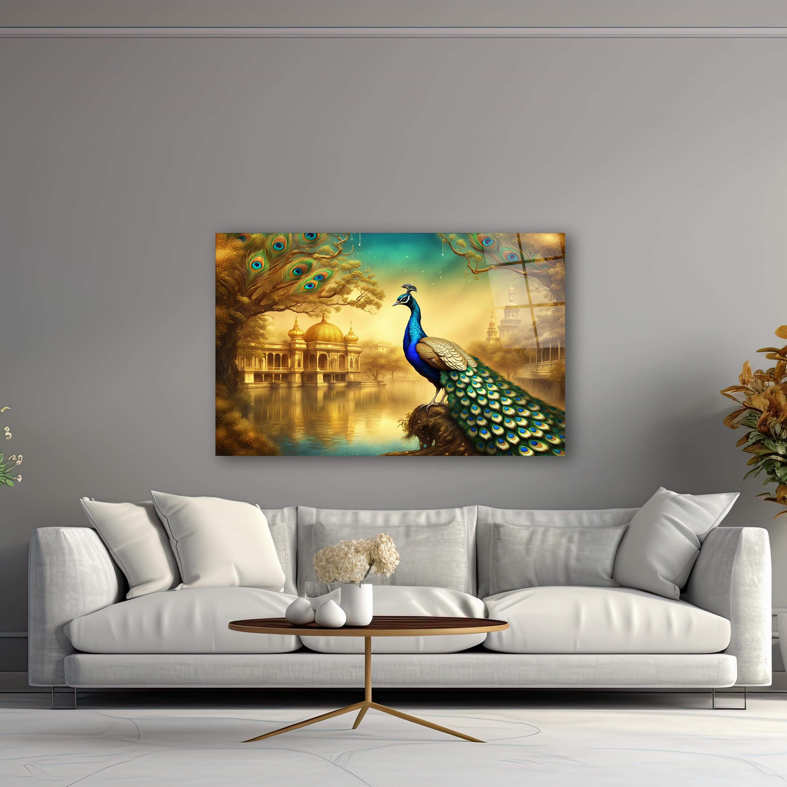 Beautiful Peacock Glass Wall Art, Elegant Gold Detailed Tempered Glass Decor, Living Room Art, Luxury Wall Decor, New Home Gifts, Home Decor