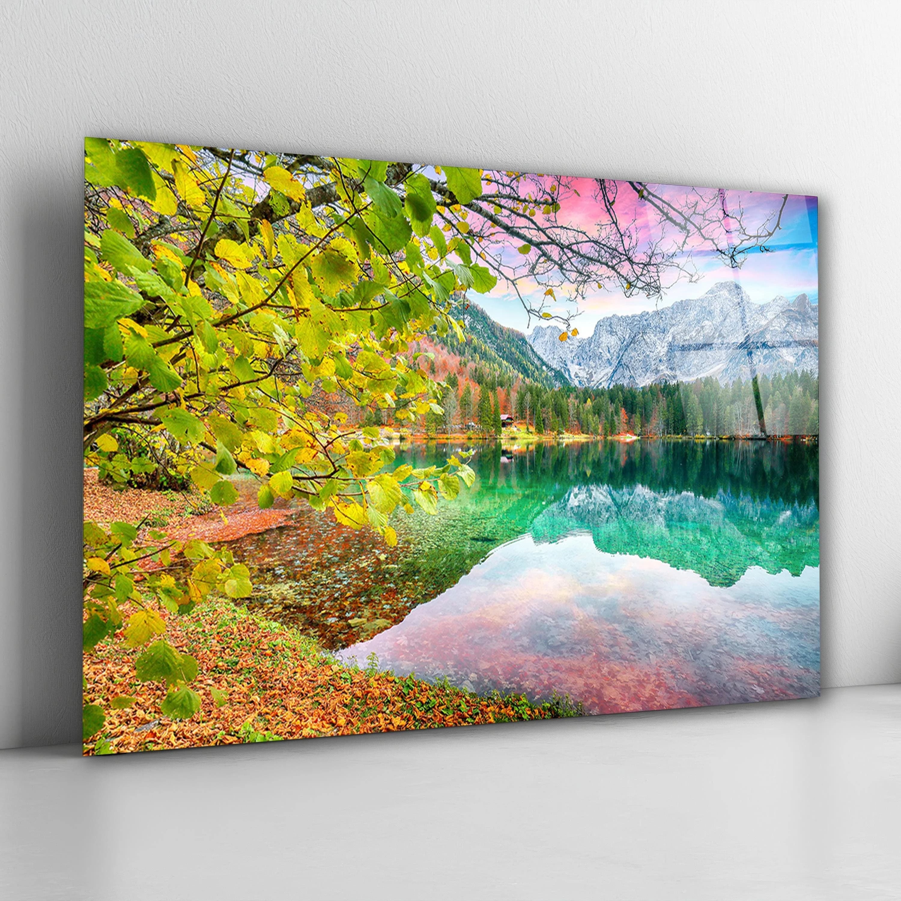 Beautiful Fall Landscape, Serene Lake Tempered Glass Wall Art, Autumn Decor, Living Room Art, Valentine's Gifts, Wall Hangings, Glass Print