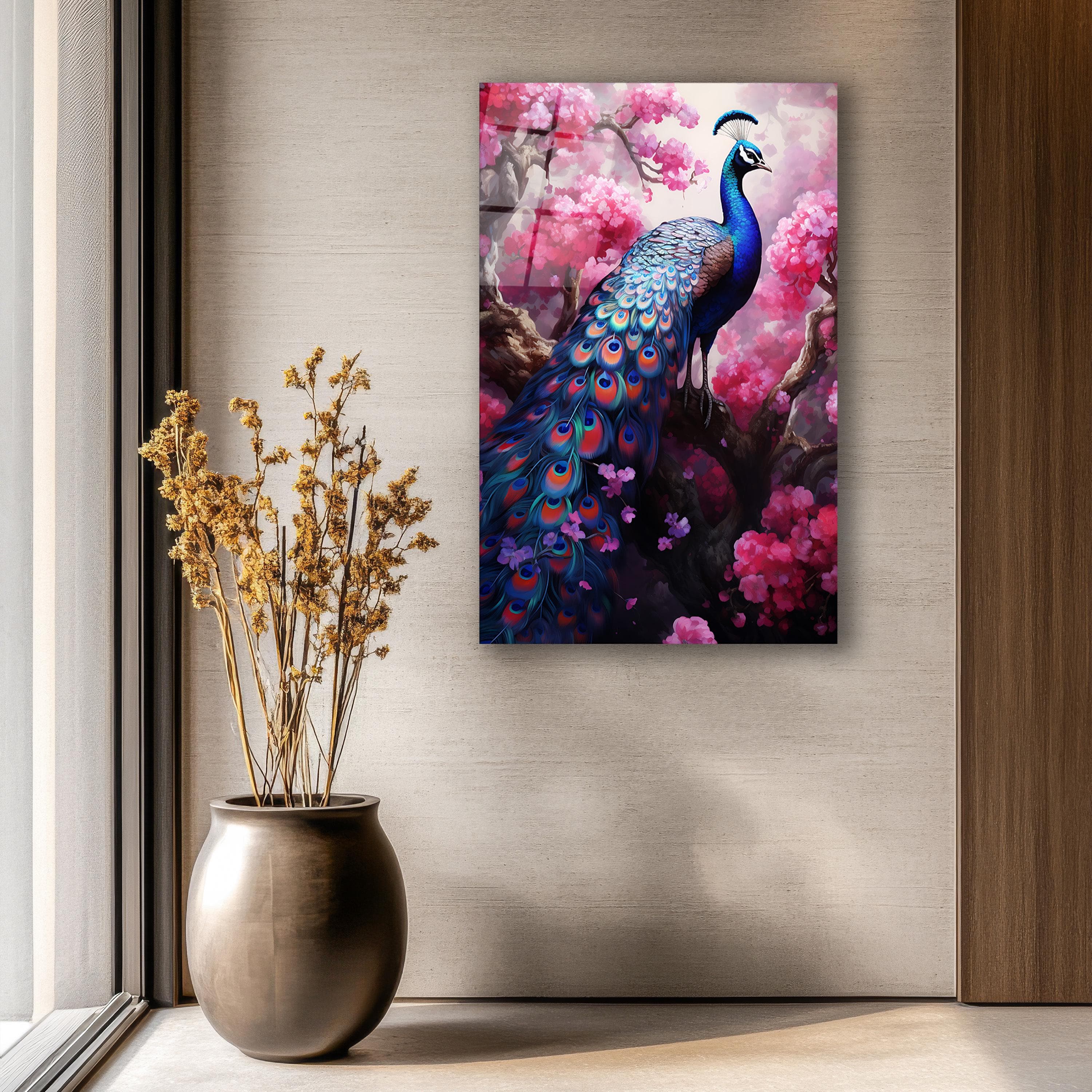 Peacock Painting Glass Wall Art, Pink Flowers Tempered Glass Decor, Elegant Wall Art, Living Room Decor, Housewarming Gifts, Wall Hangings