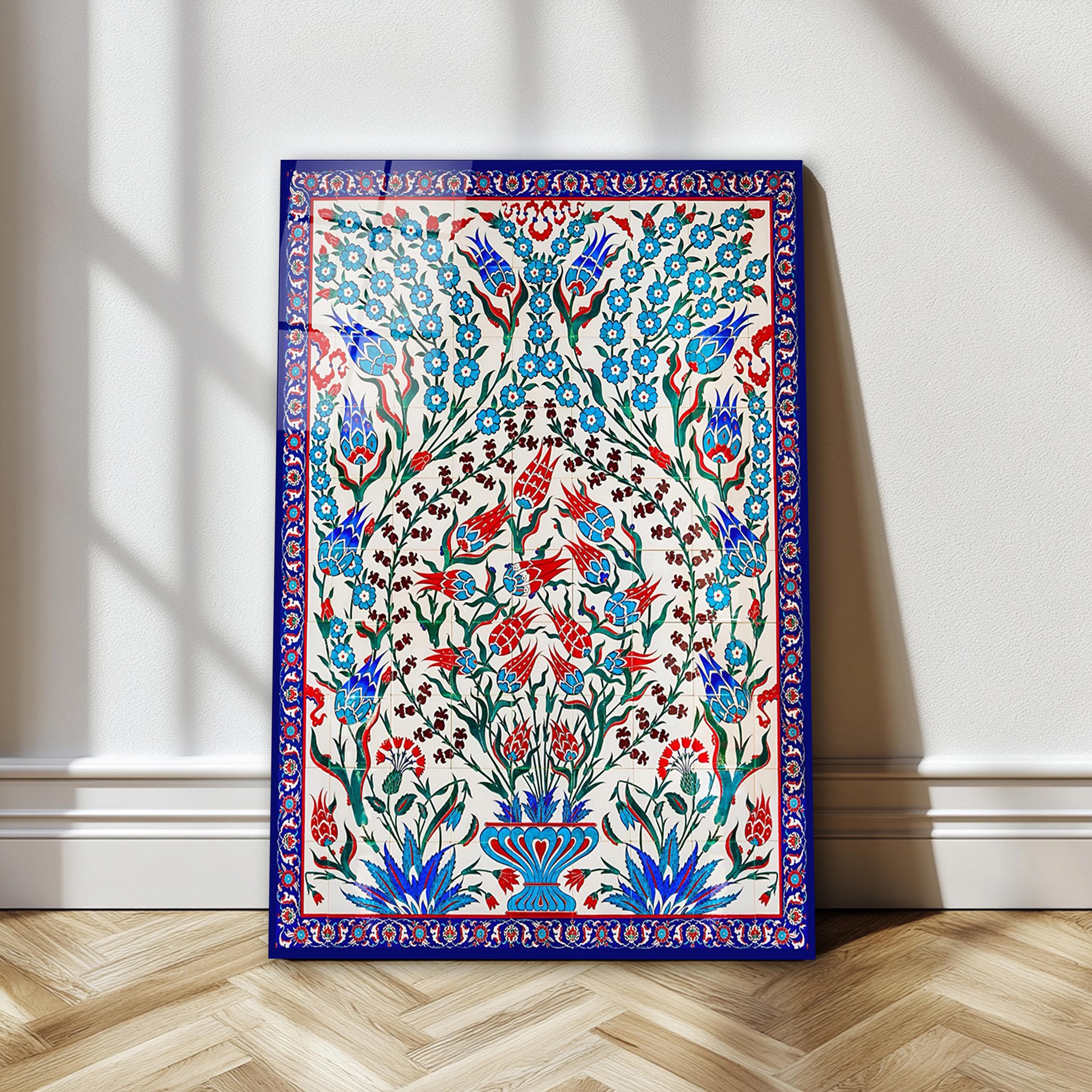 Turkish Iznik Floral Pattern Glass Wall Art, Traditional Islamic Tile Tempered Glass, Ottoman Tile Decor, Mother's Day Gifts, Glass Print