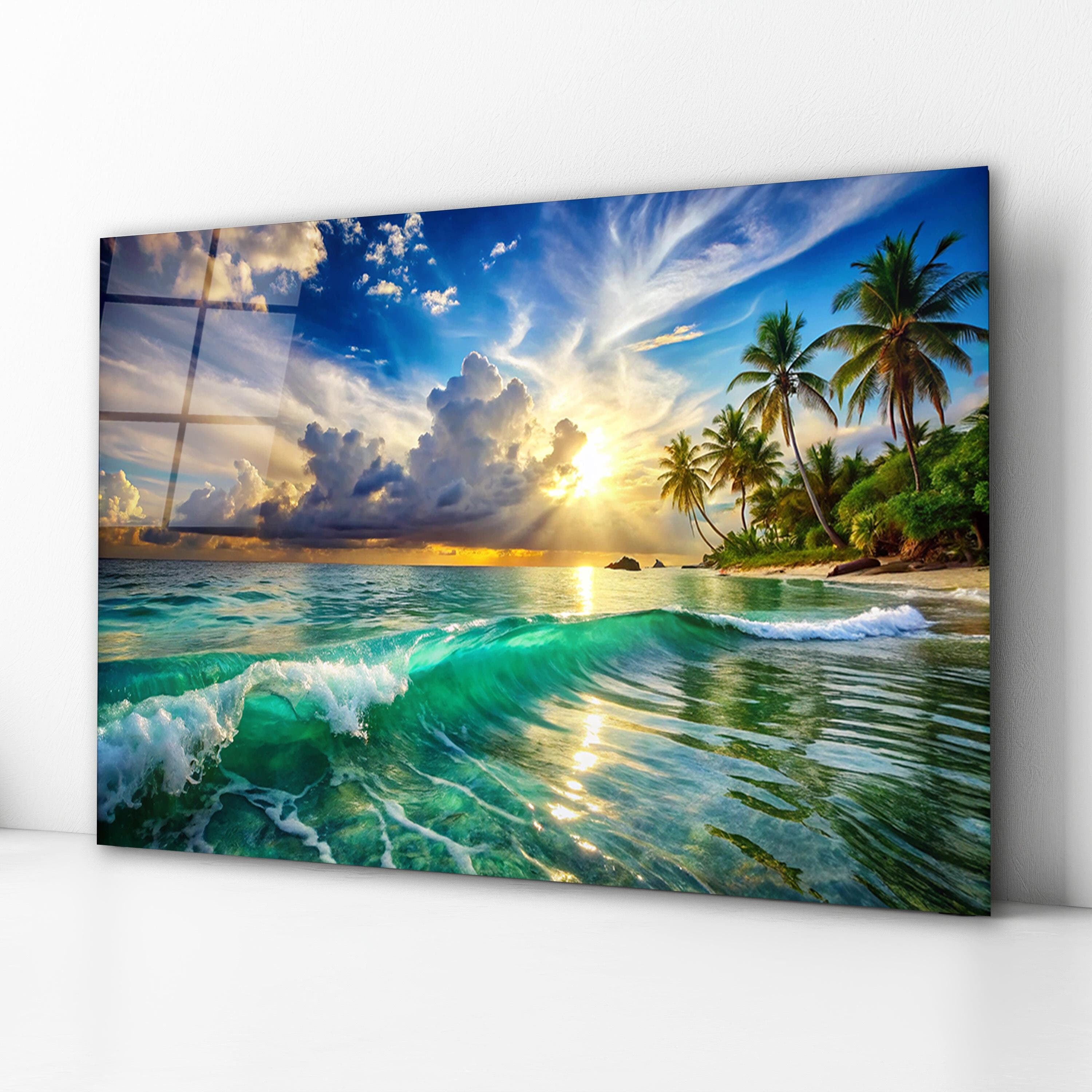 Tropical Coastal Glass Wall Art, Maldives Tempered Glass Decor, Ocean Art, Living Room Art, Valentine's Gifts, Wall Hangings, Home Decor