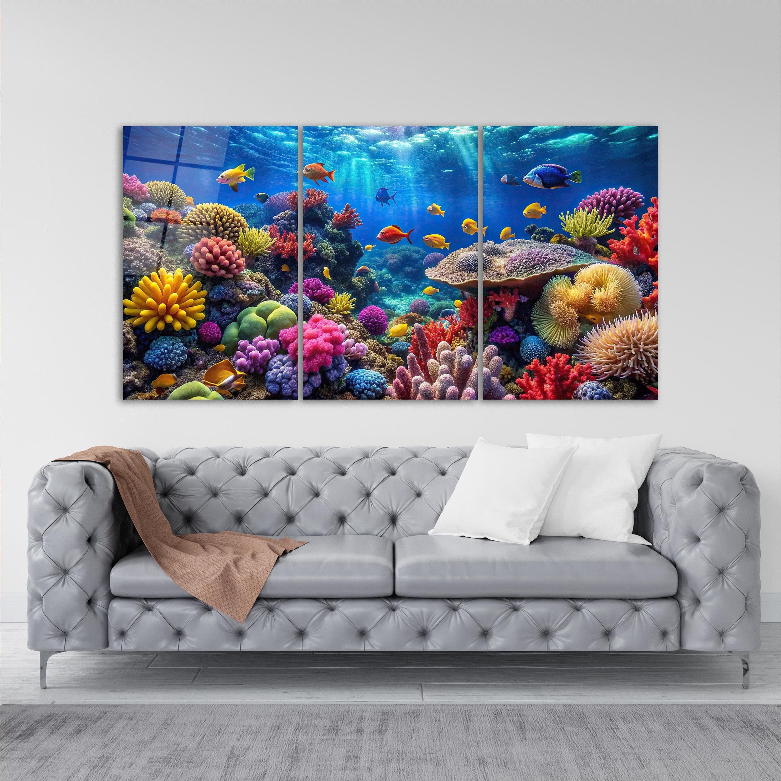 3-Piece Fish & Coral Reef Glass Wall Art, Triple Ocean Tempered Glass Decor, Aquarium Wall Art, Living Room Marine Art, Extra Large Wall Art