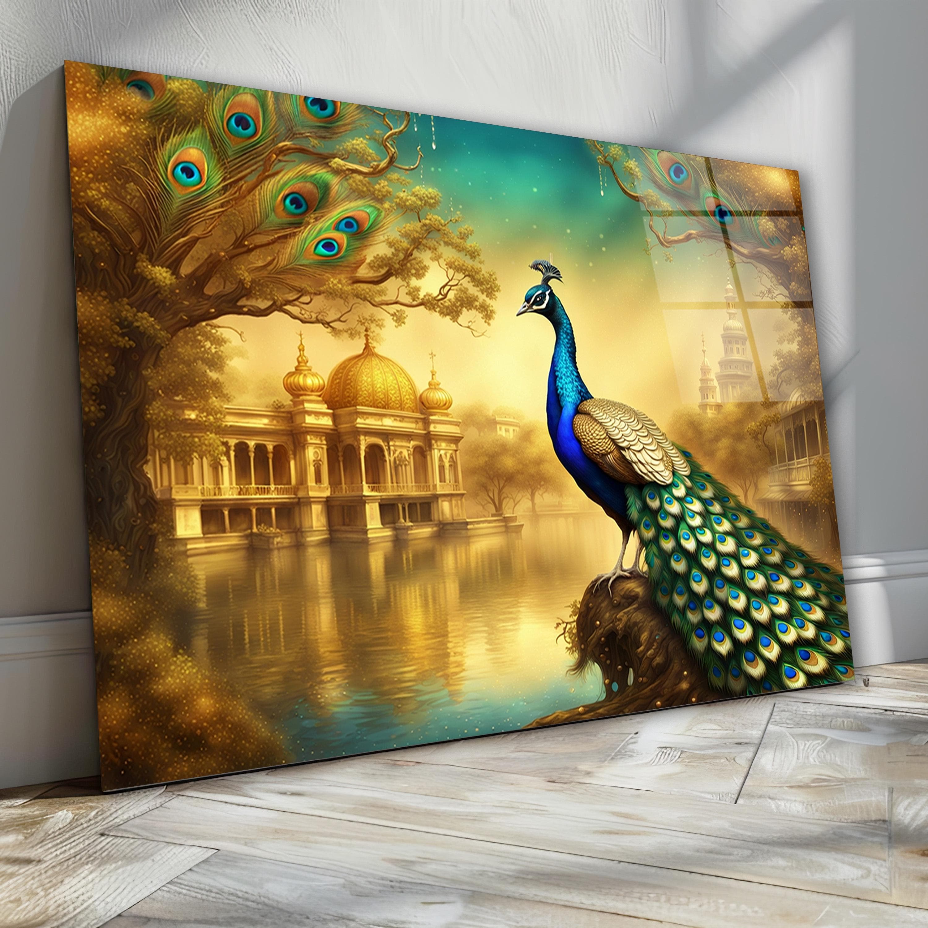 Beautiful Peacock Glass Wall Art, Elegant Gold Detailed Tempered Glass Decor, Living Room Art, Luxury Decor, Valentine's Gifts, Home Decor