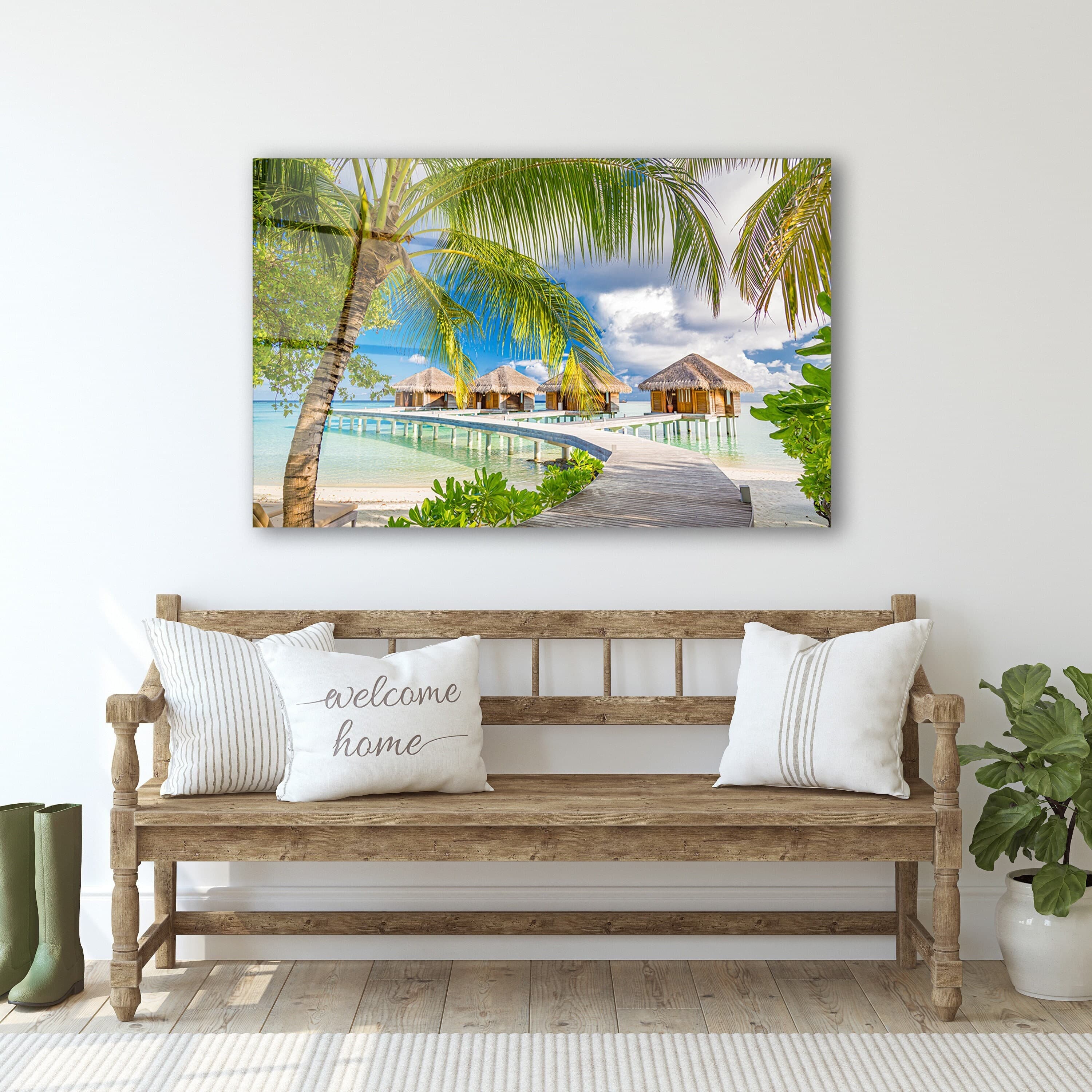 Ocean Palm Trees Glass Wall Art, Maldives Bungalows Tempered Glass Wall Decor, New Home Gifts, Bedroom Wall Art, Mother's Day Special