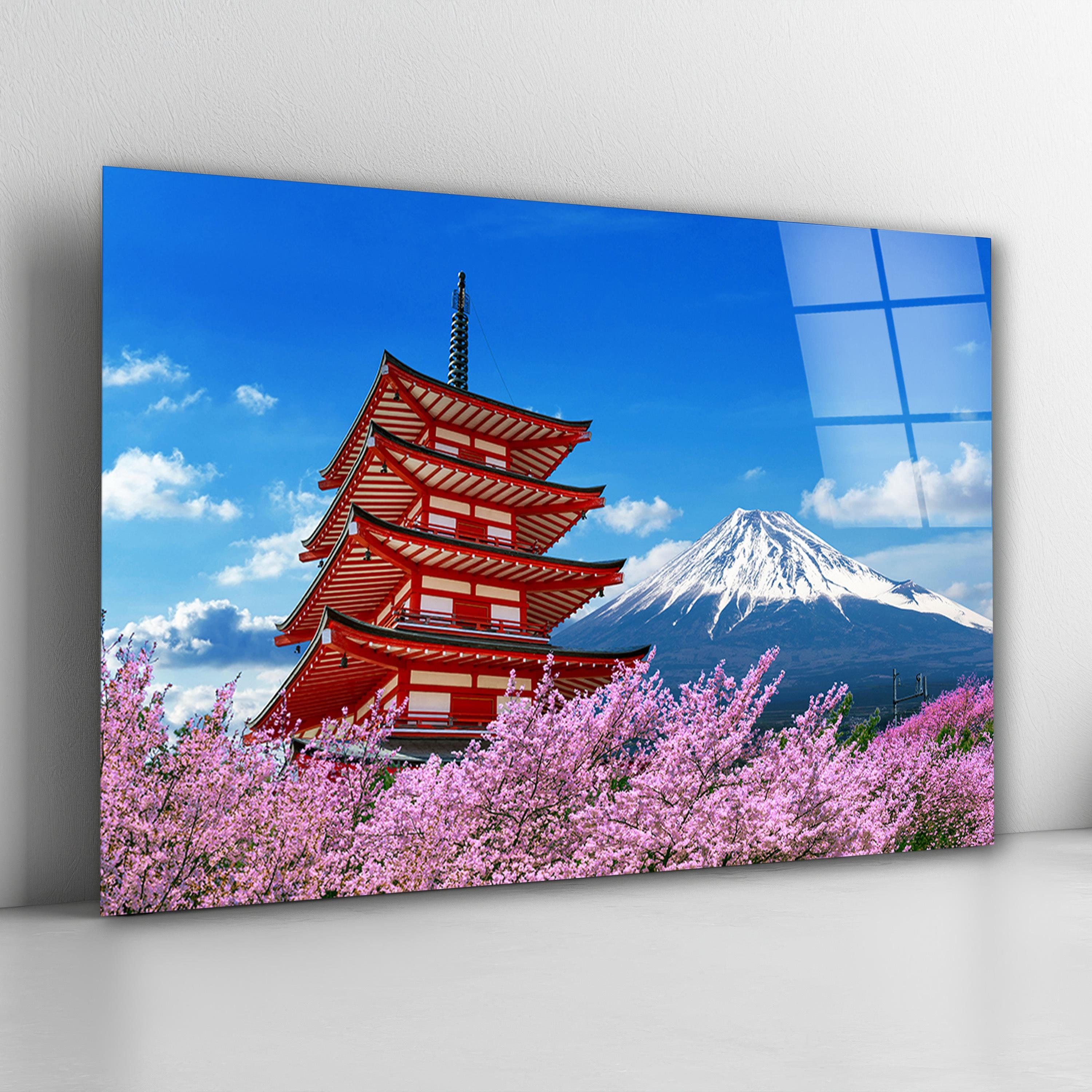 Cherry Blossom Glass Wall Art, Japanese Pagoda and Mount Fuji Wall Decor, Scenic View Wall Art, New Home Gifts, Unique Gifts, Wall Hangings