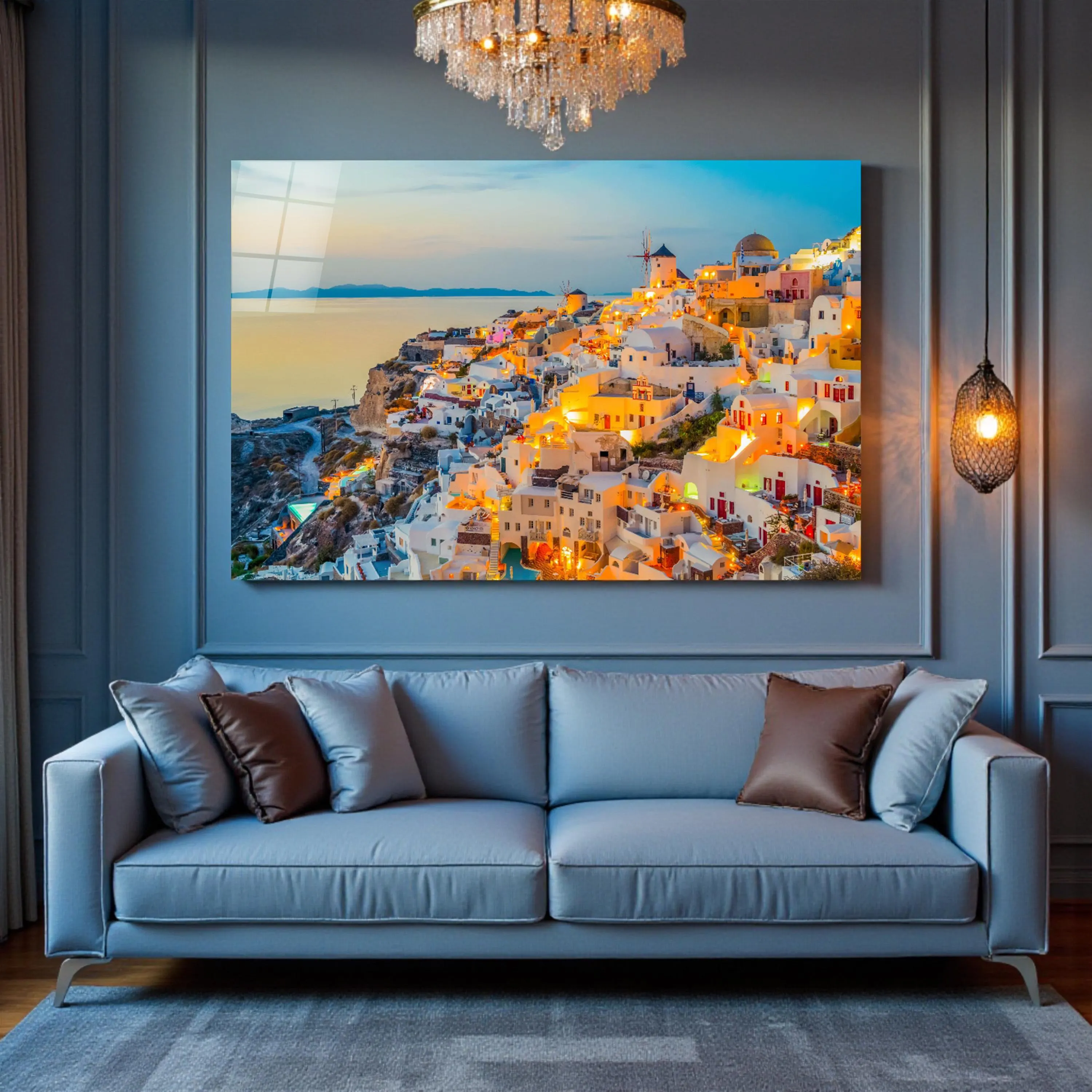 Santorini at Night Glass Wall Art, Greek Island Tempered Glass Print, Greece Wall Decor, Valentine's Gifts, New Home Gifts, Wall Hangings