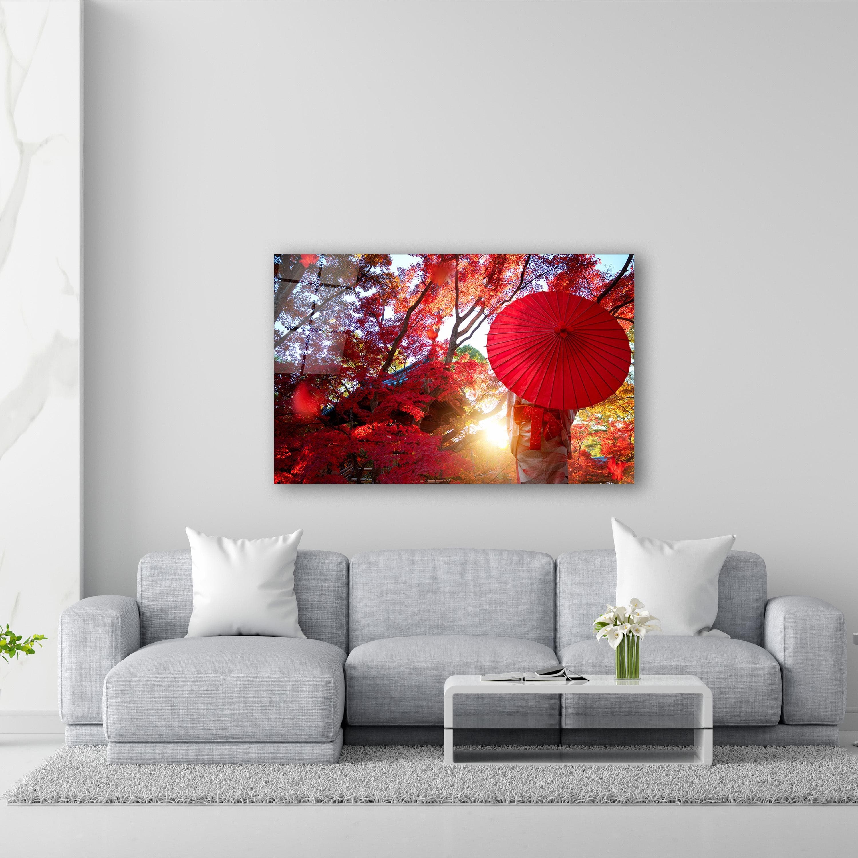 Japanese Girl in Kimono Holding Wagasa Glass Wall Art, Fall in Kyoto Tempered Glass Decor, Japanese Wall Art, New Home Gifts, Glass Print