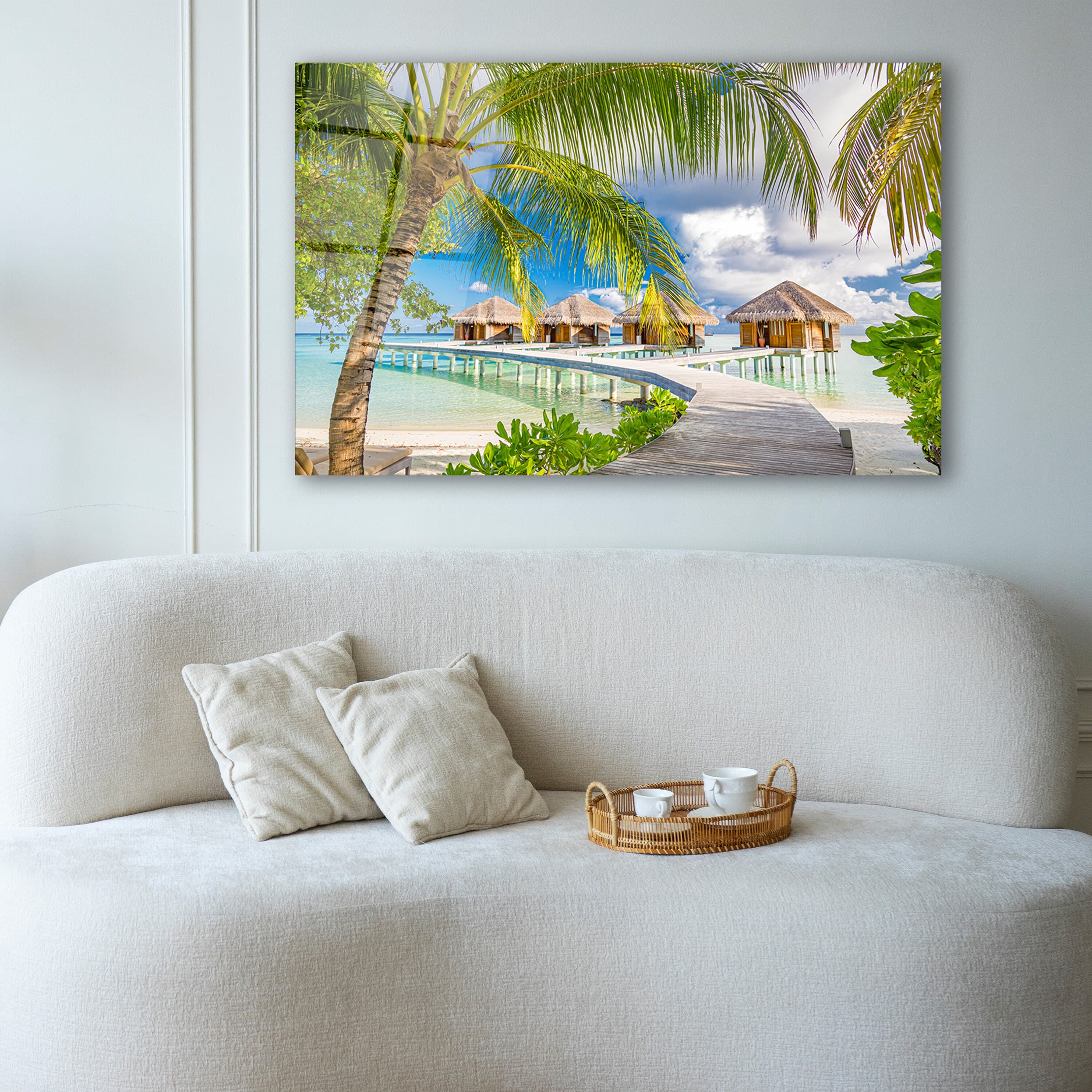 Ocean Palm Trees Glass Wall Art, Maldives Bungalows Tempered Glass Wall Decor, New Home Gifts, Bedroom Wall Art, Mother's Day Special