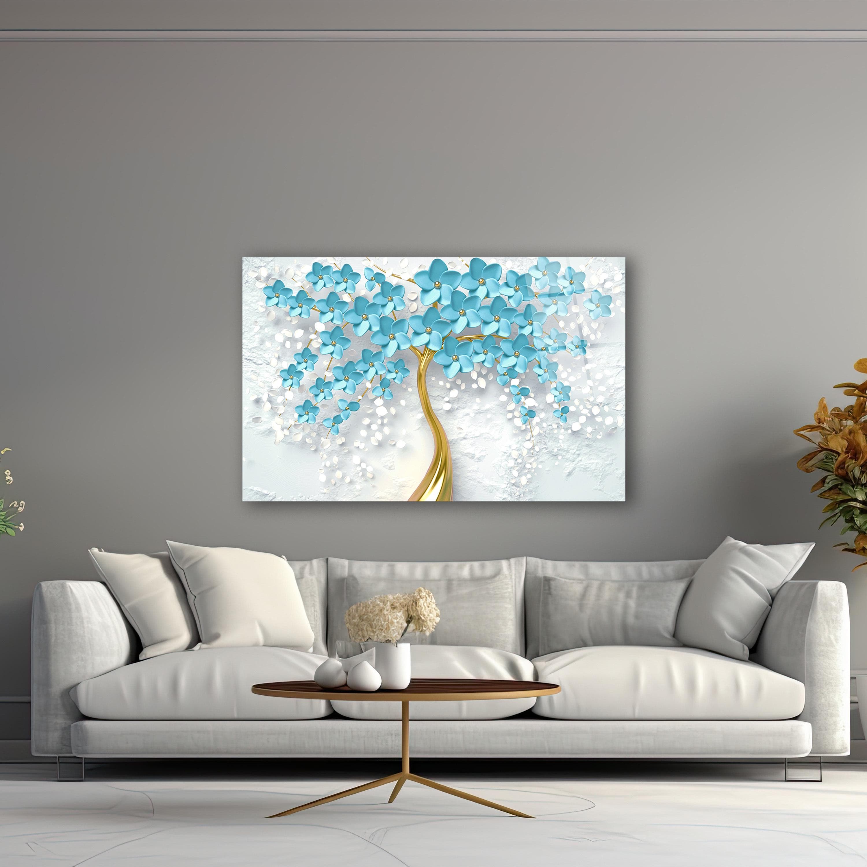 Elegant Floral Tempered Glass Wall Art, Gold Tree with Blue Flowers Wall Decor, Luxury Wall Art, Living Room Art, New Home Gifts, Home Decor