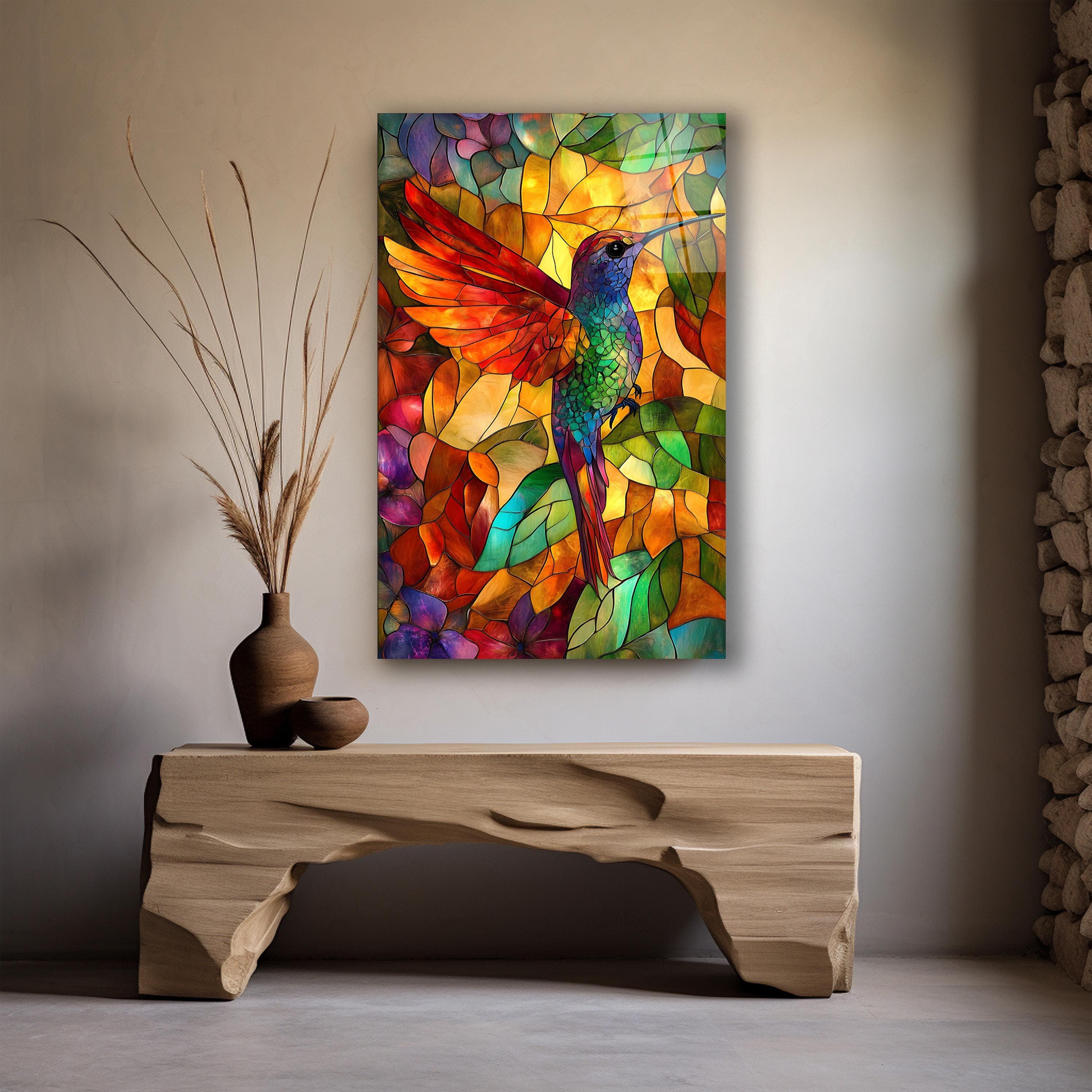 Stained Glass Effect Hummingbird Wall Art, Tempered Glass Colorful Bird Wall Decor, Floral Glass Wall Art, Housewarming Gifts, Wall Hangings