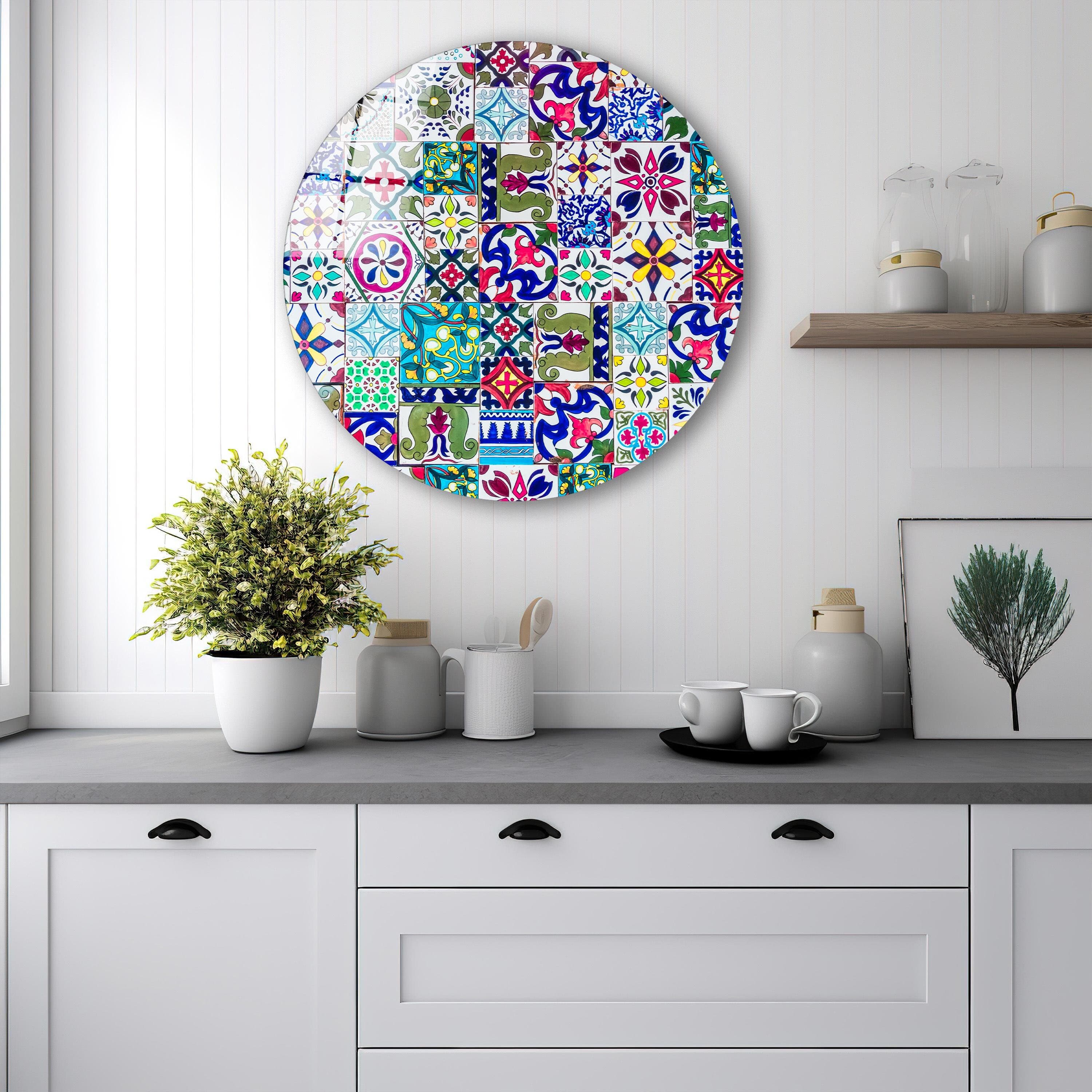 Mediterranean Tile Backsplash, Colorful Kitchen Wall Art, Arabian Tile Tempered Glass Decor, Valentine's Gifts, Unique Gifts, Glass Print