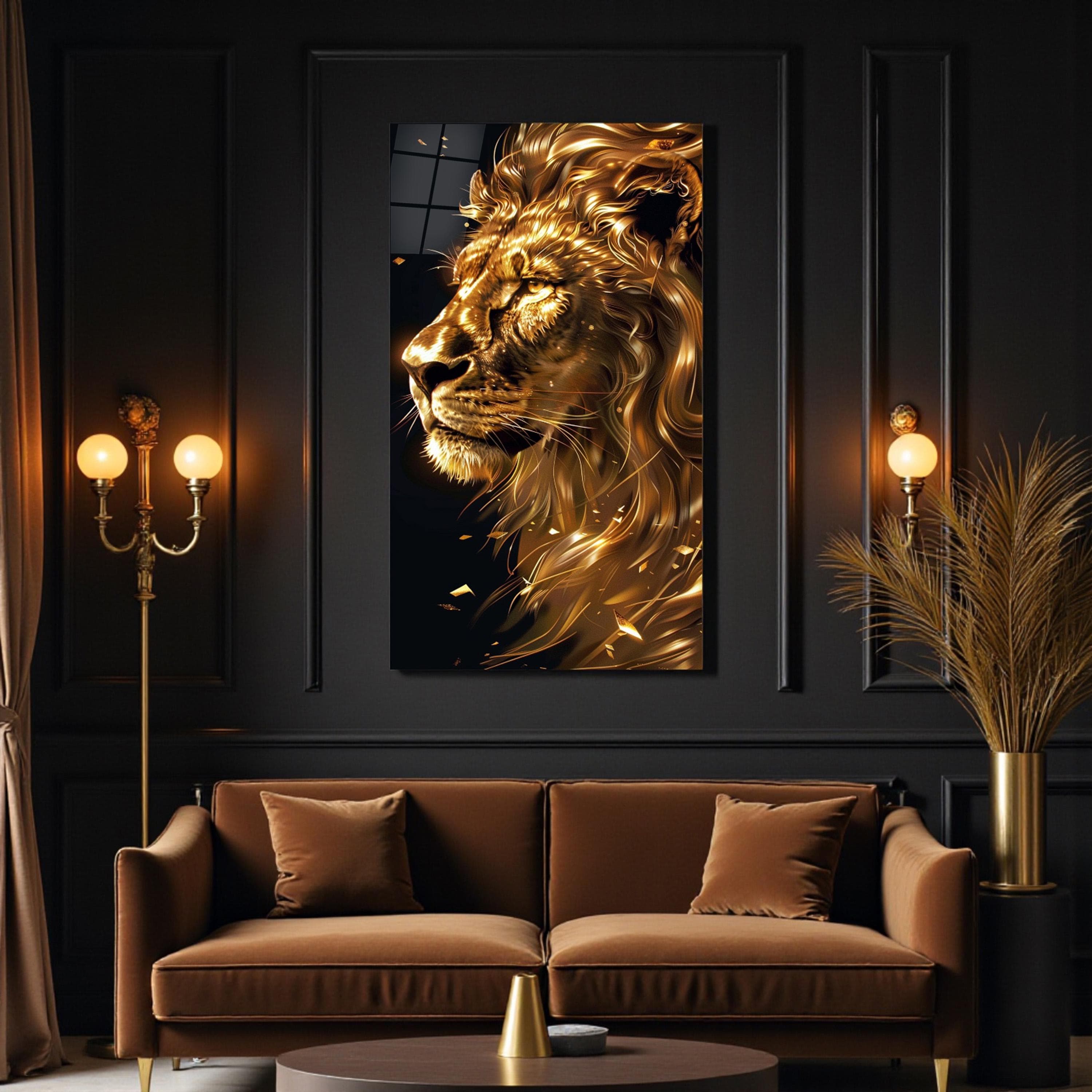 Majestic Lion Glass Wall Art, Tempered Glass Gold Lion Decor, Interior Design Ideas, Living Room Wall Art, Mother's Day Gifts, Unique Gifts