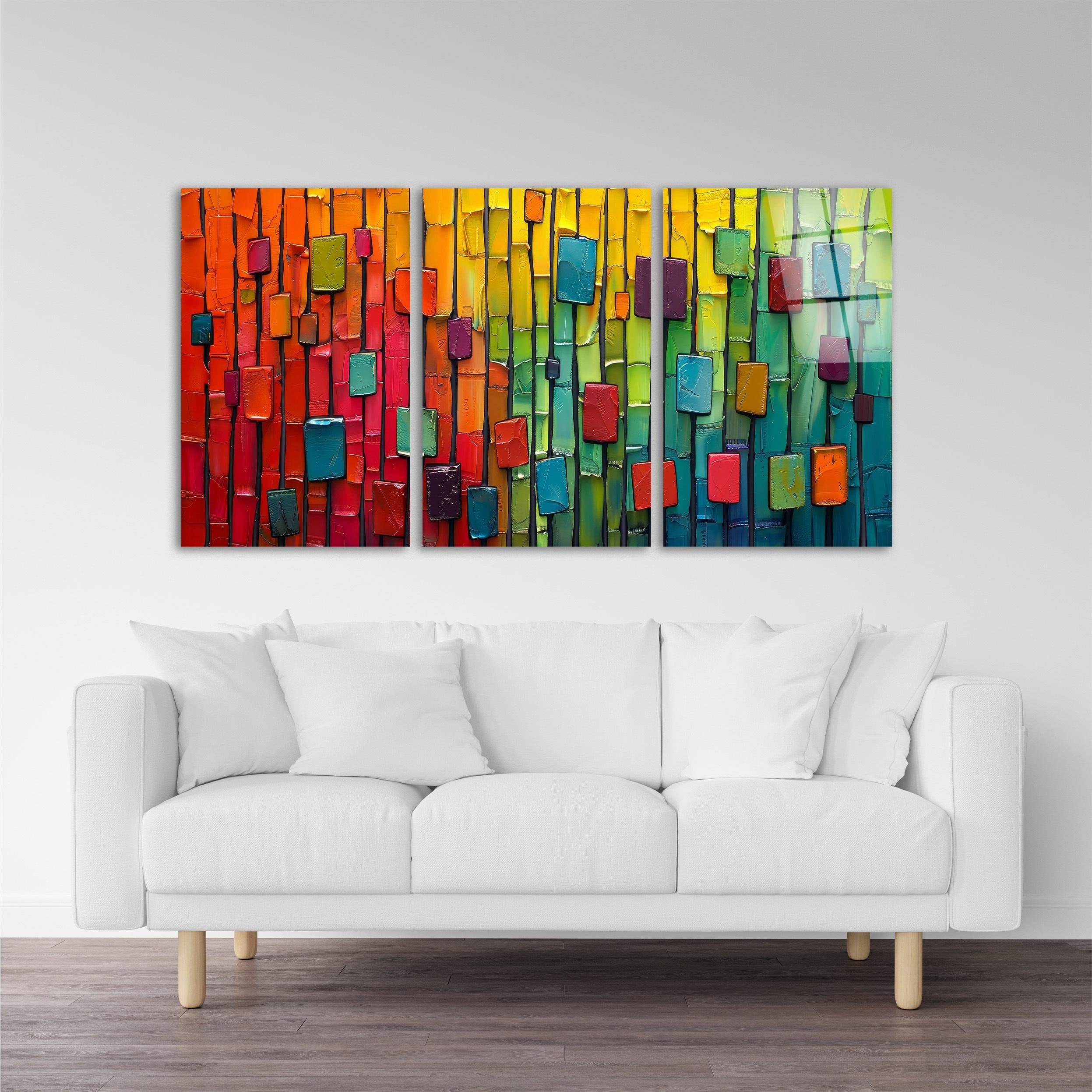 Triple Colorful Modern Glass Wall Art, Minimal Abstract Tempered Glass Decor, Living Room Art, New Home Gifts, Contemporary Art, Glass Print