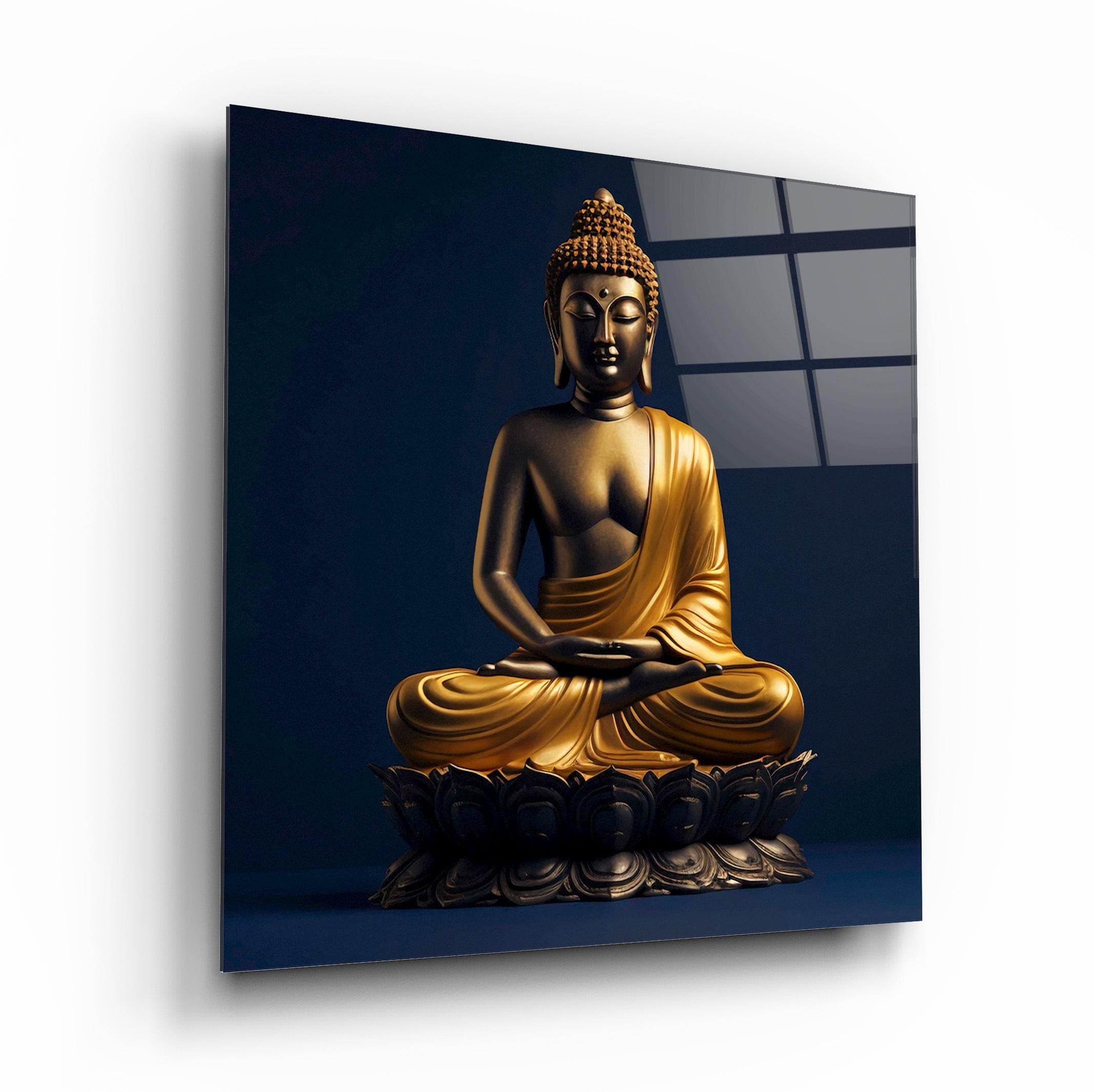 Golden Buddha Glass Wall Art, Buddha Statue Tempered Glass Decor, Modern Spiritual Art, Interior Design Ideas, New Home Gifts, Glass Print