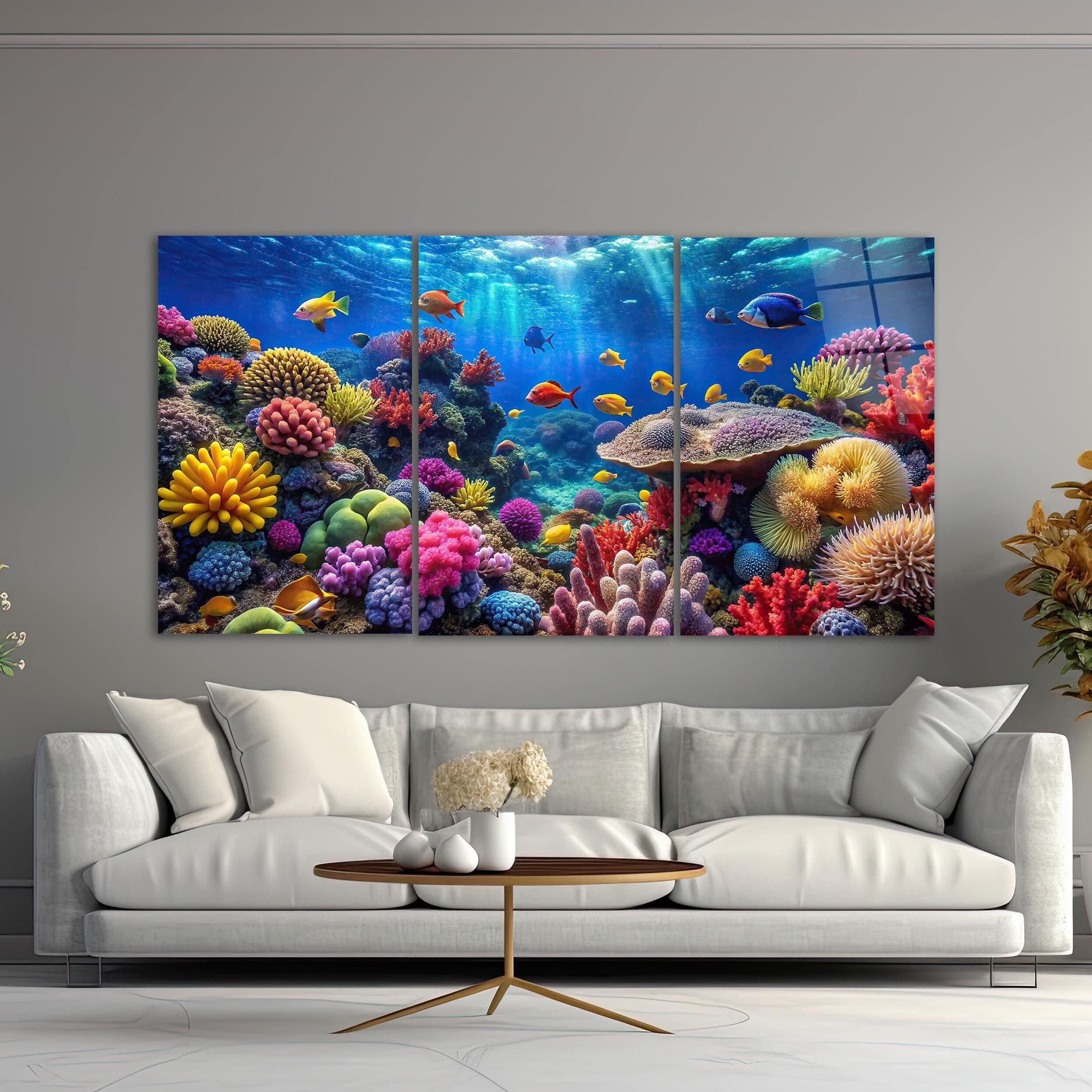 3-Piece Fish & Coral Reef Glass Wall Art, Triple Ocean Tempered Glass Decor, Aquarium Wall Art, Mother's Day Gifts, Extra Large Wall Art